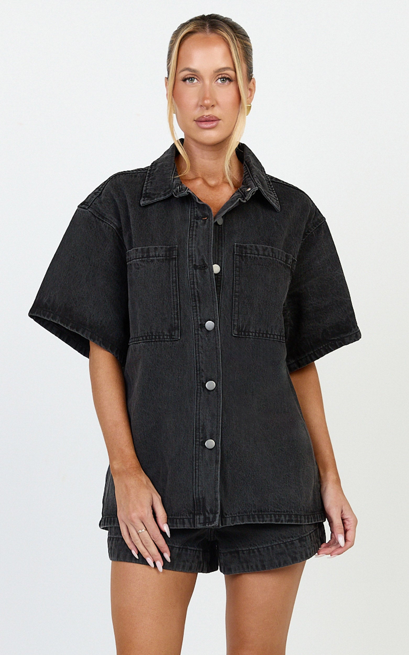 Iris Top - Oversized Recycled Denim Short Sleeve Shirt in Black - View 1