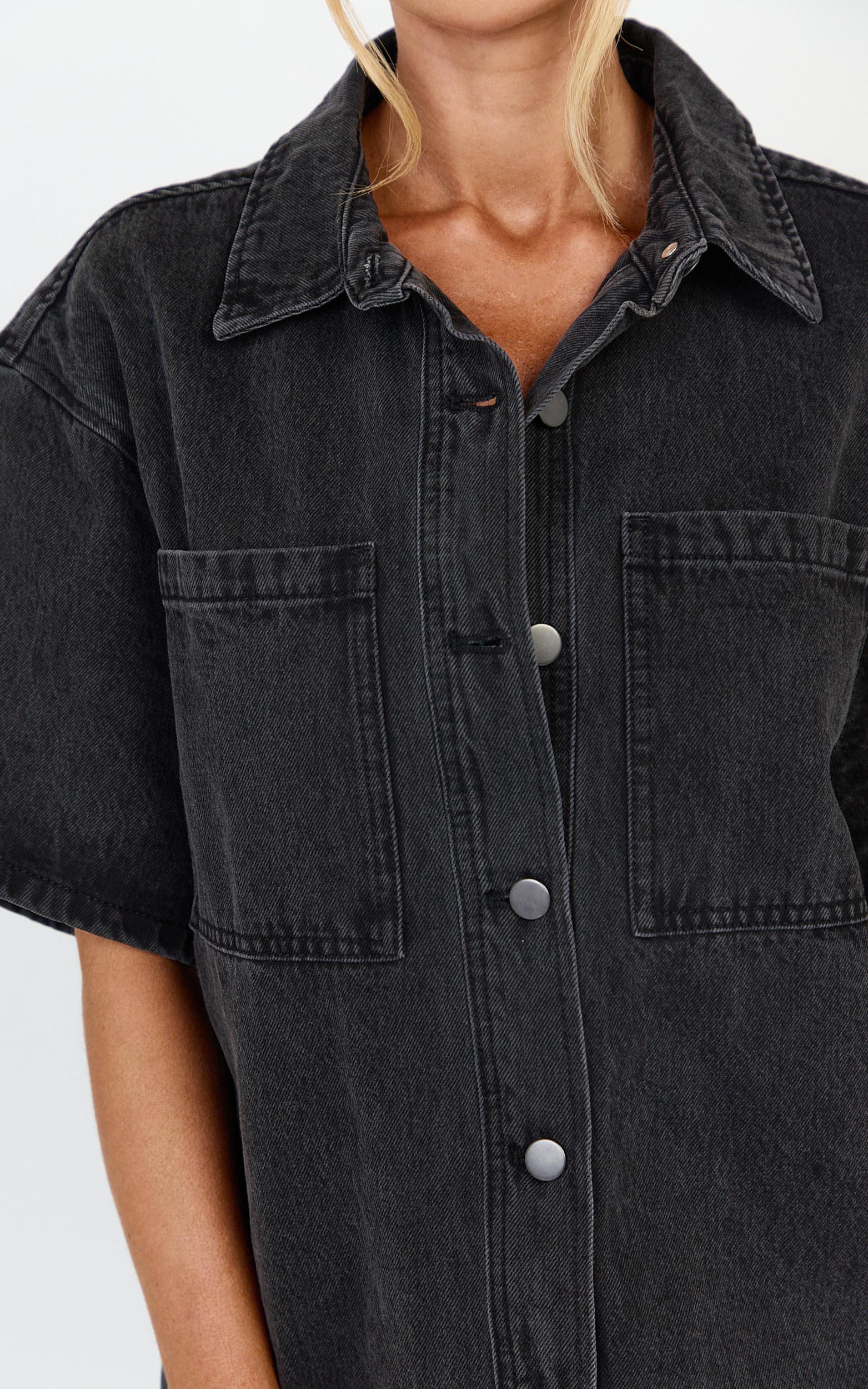 Iris Top - Oversized Recycled Denim Short Sleeve Shirt in Black - View 9