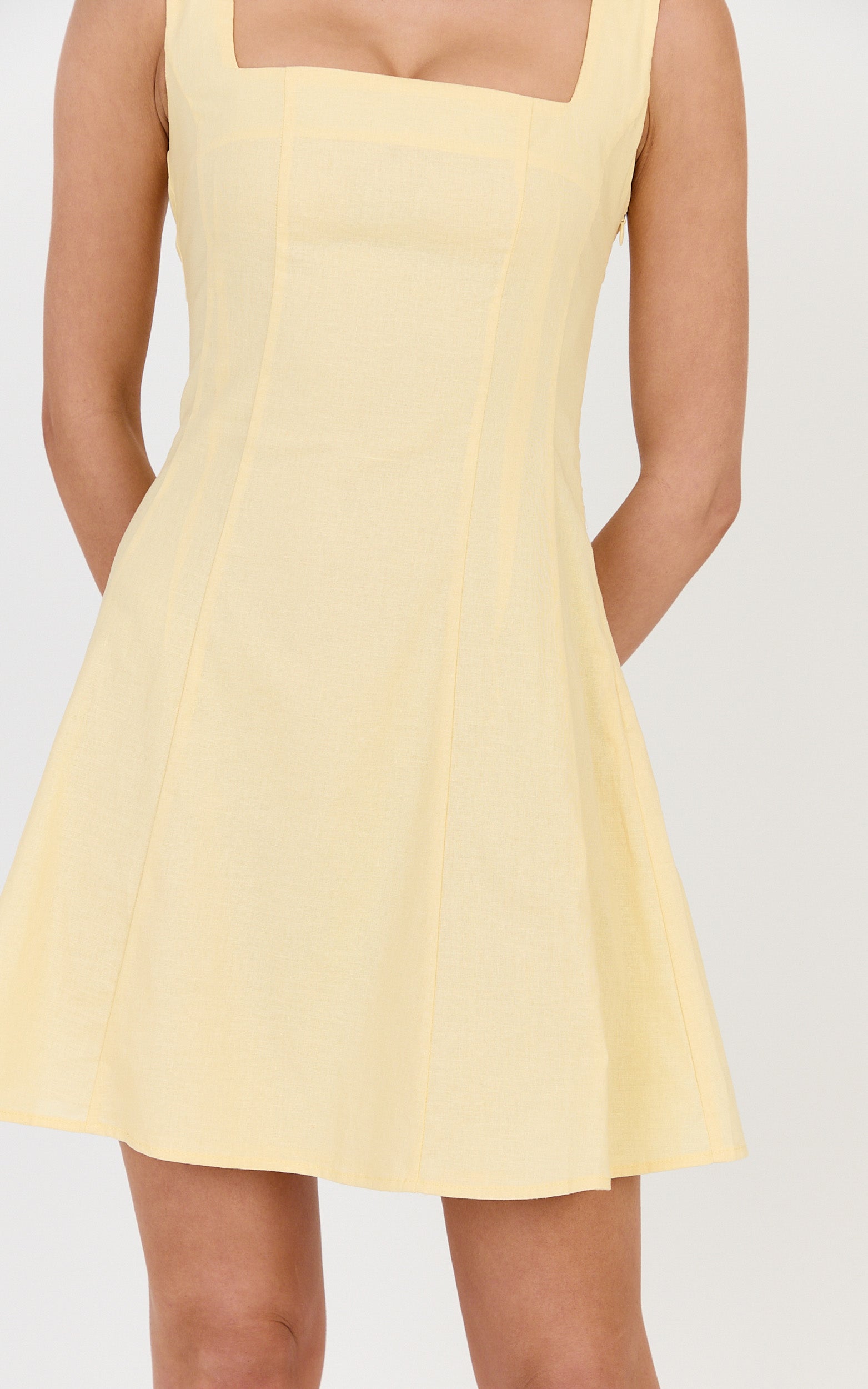 Adiana Mini Dress - Linen Square Neck Shirred Back A Line Dress in Lemon - View 9