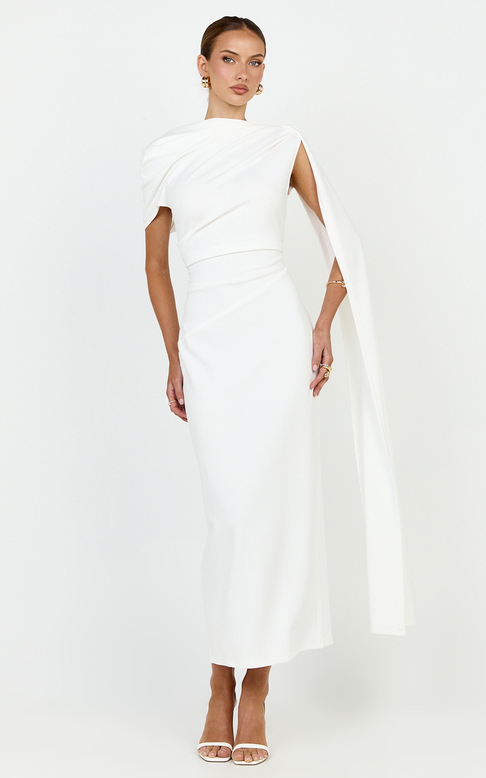 Visenta Midi Dress - Asymmetrical Sleeve Dress in White - View 3