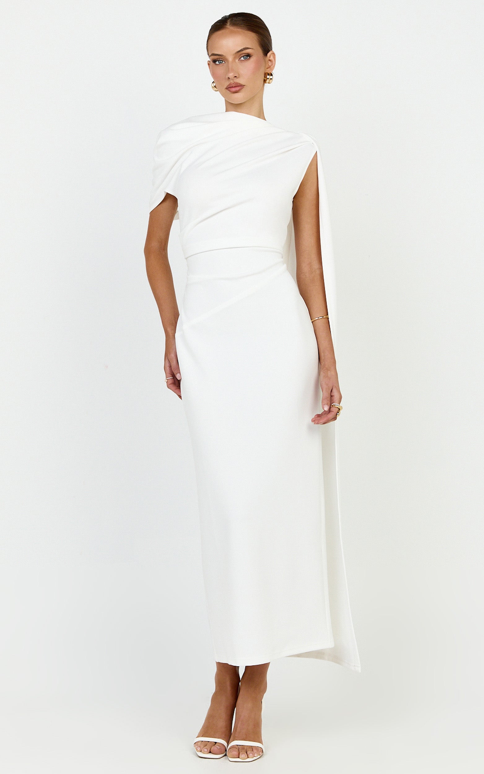 Visenta Midi Dress - Asymmetrical Sleeve Dress in White - View 4