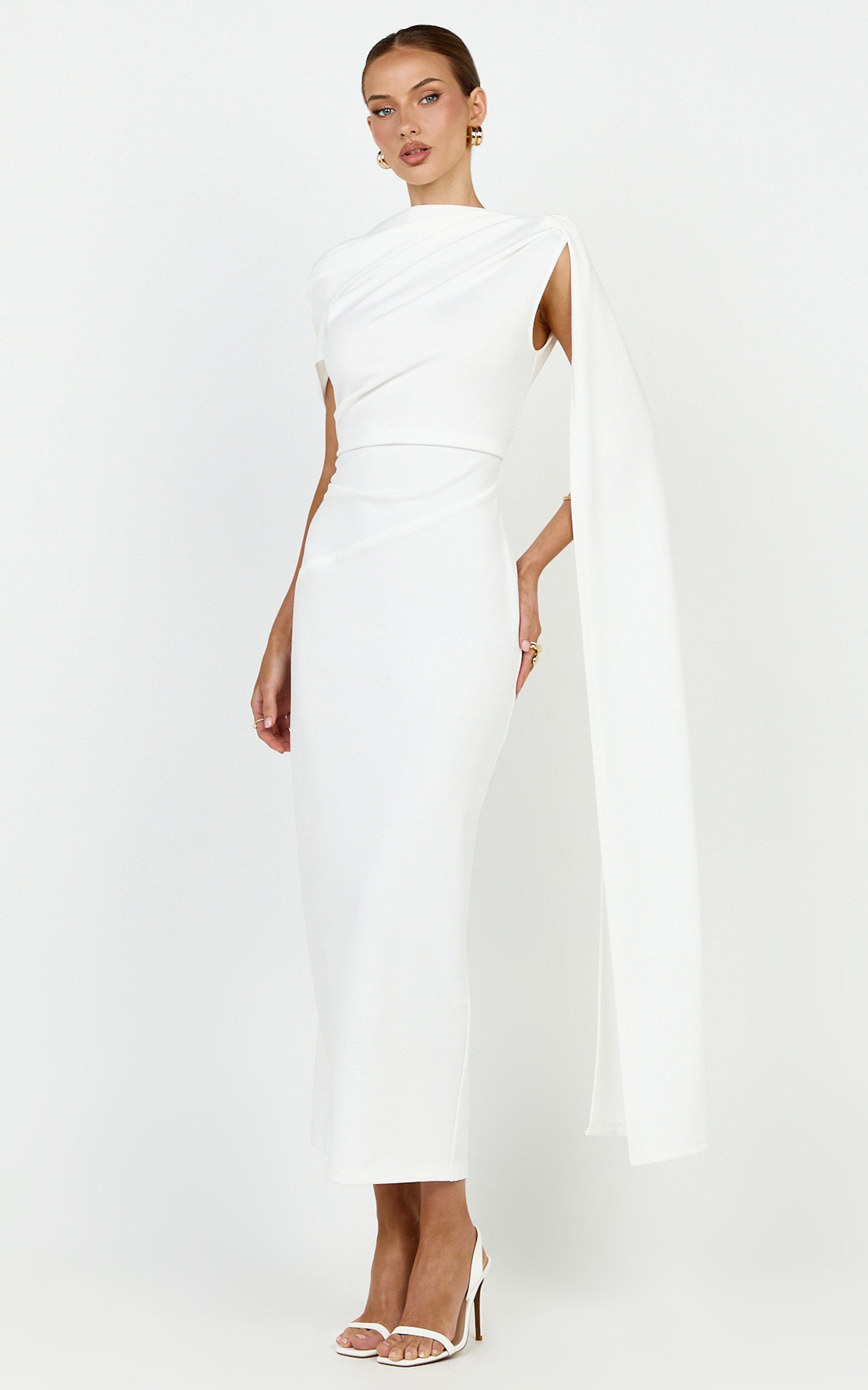 Visenta Midi Dress - Asymmetrical Sleeve Dress in White - View 2