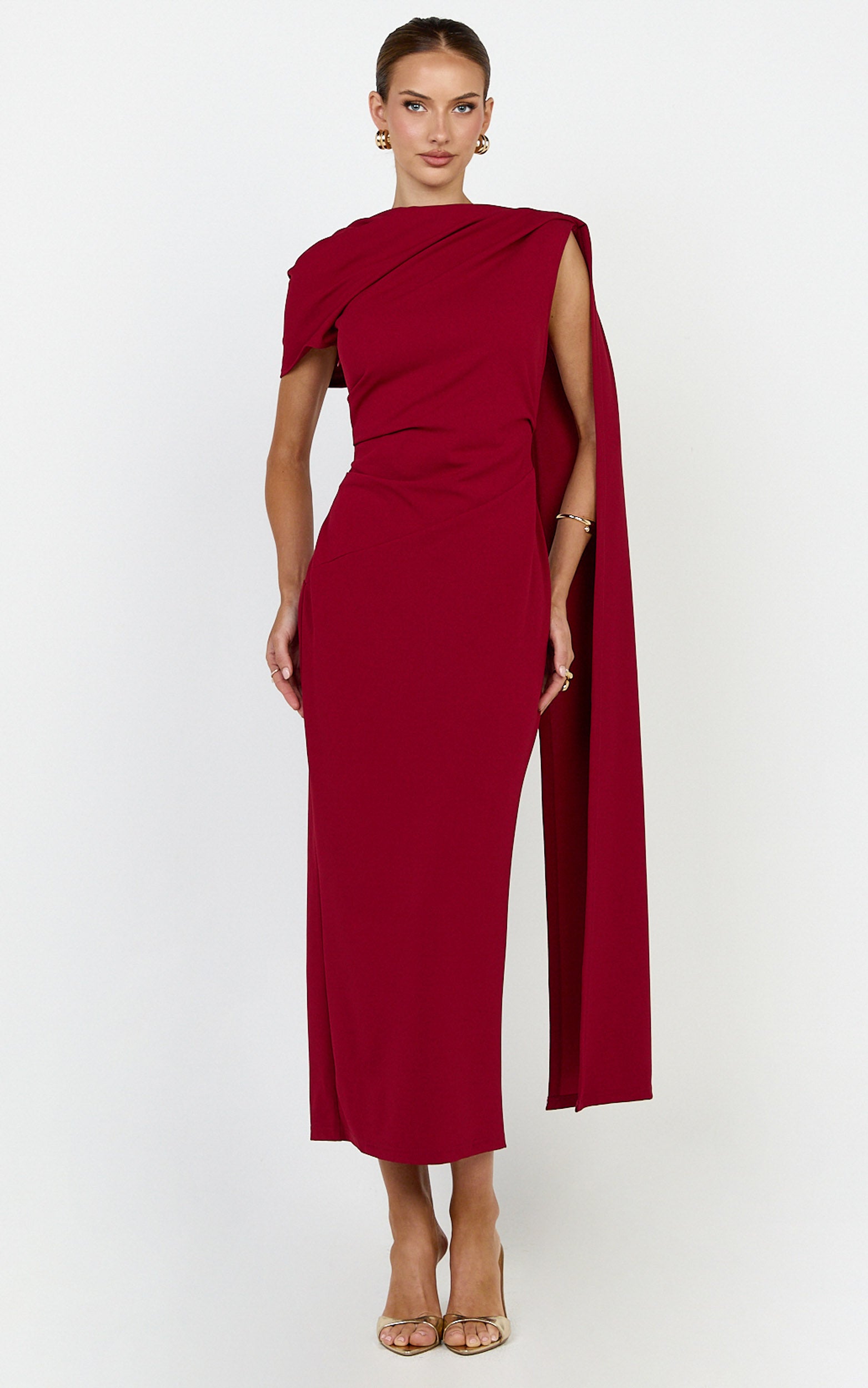 Visenta Midi Dress - Asymmetrical Sleeve Dress in Wine - View 1