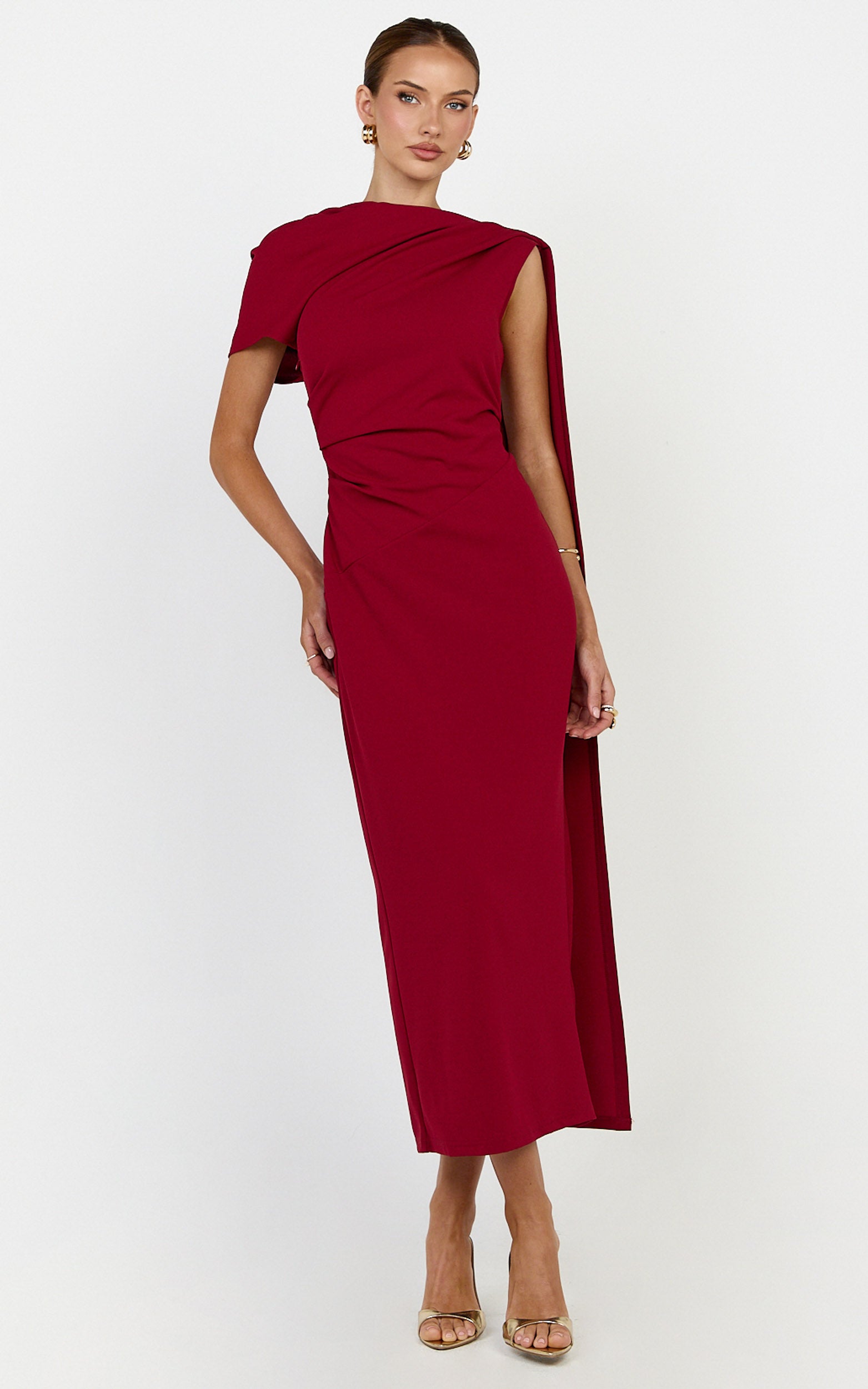 Visenta Midi Dress - Asymmetrical Sleeve Dress in Wine - View 3