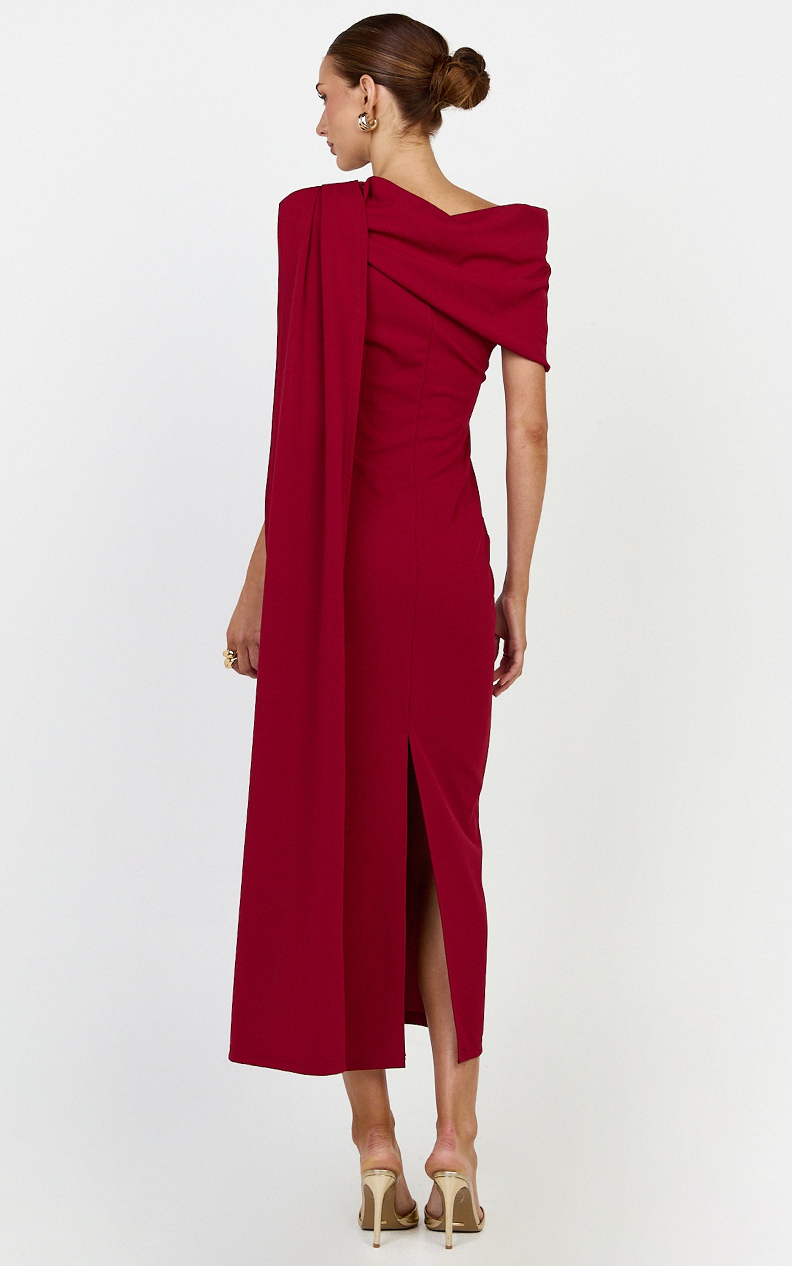 Visenta Midi Dress - Asymmetrical Sleeve Dress in Wine - View 5
