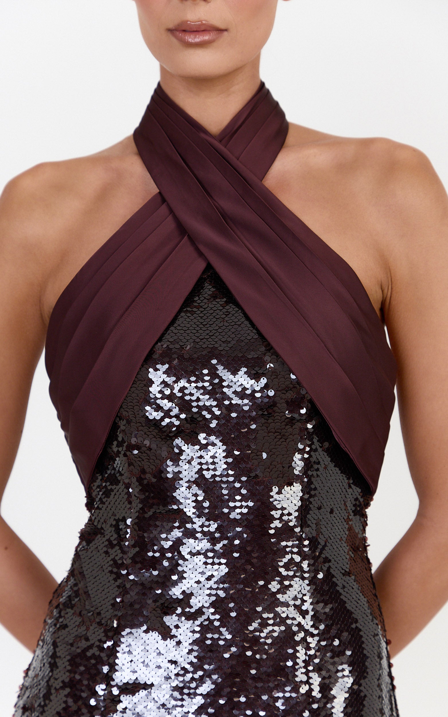 Shea Mini Dress - Crossover Halter Tie Neck Contrast Satin And Sequin Mini Dress in Plum - View 6