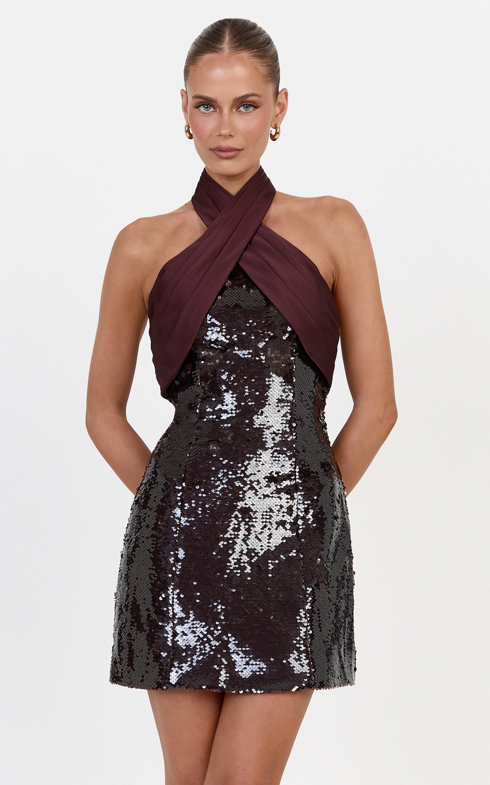 Shea Mini Dress - Crossover Halter Tie Neck Contrast Satin And Sequin Mini Dress in Plum - View 1