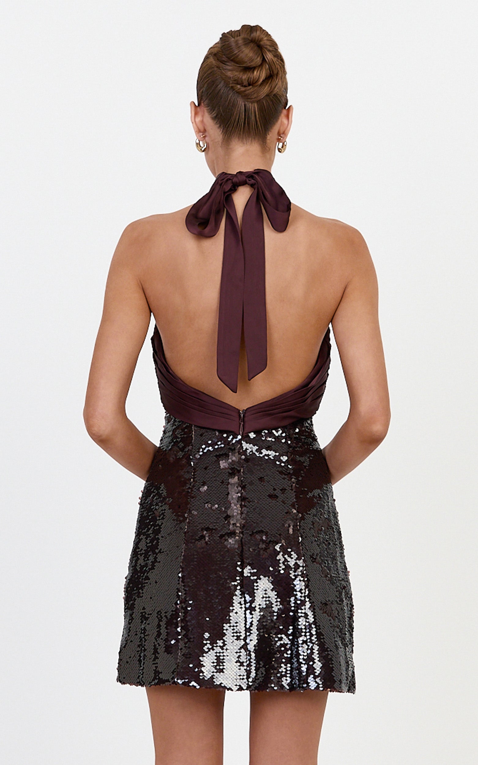Shea Mini Dress - Crossover Halter Tie Neck Contrast Satin And Sequin Mini Dress in Plum - View 5