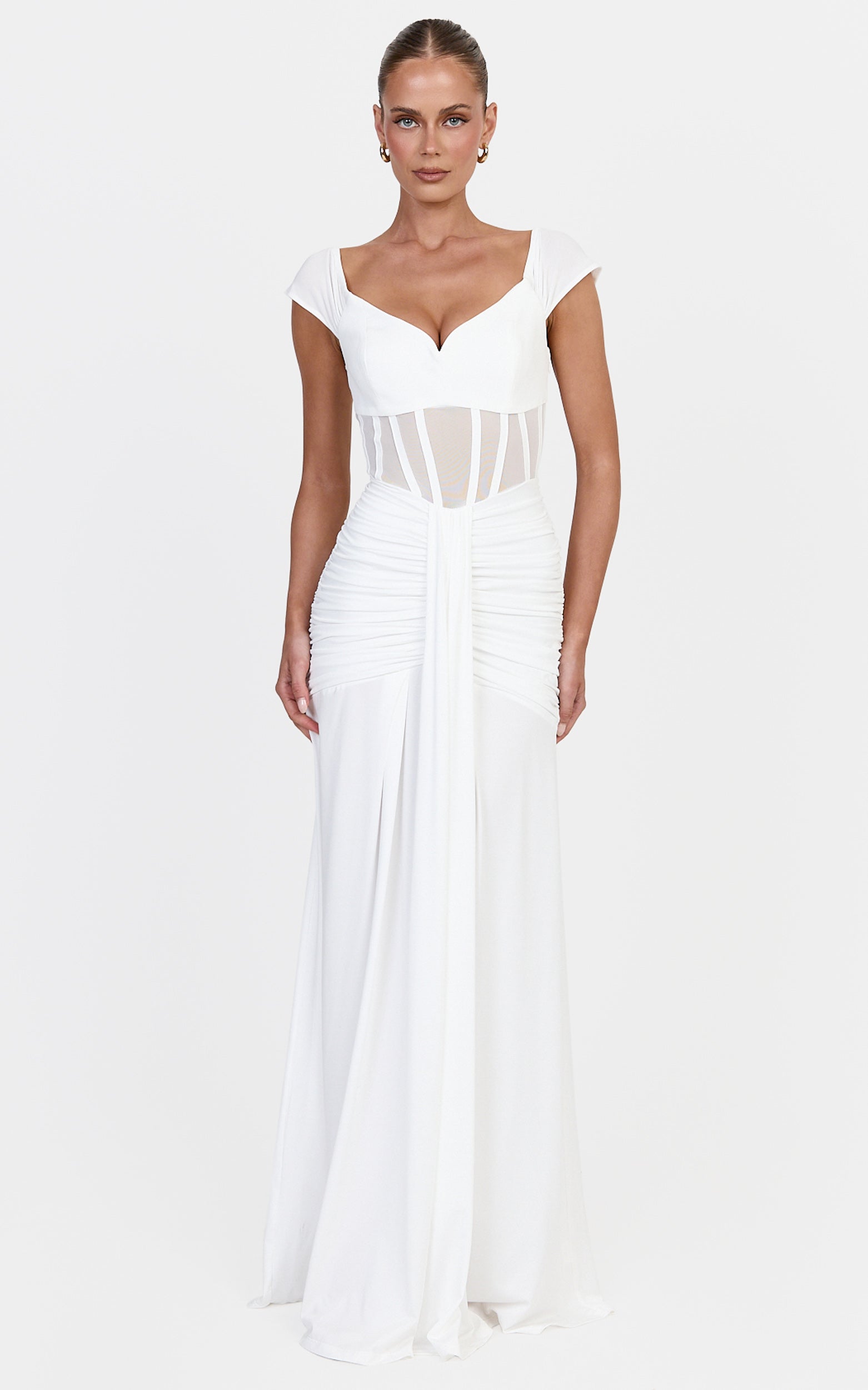 Luciana Maxi Dress - Sheer Corset Bodice Dress With Cap Sleeves And Hip Drape Details in White - View 3