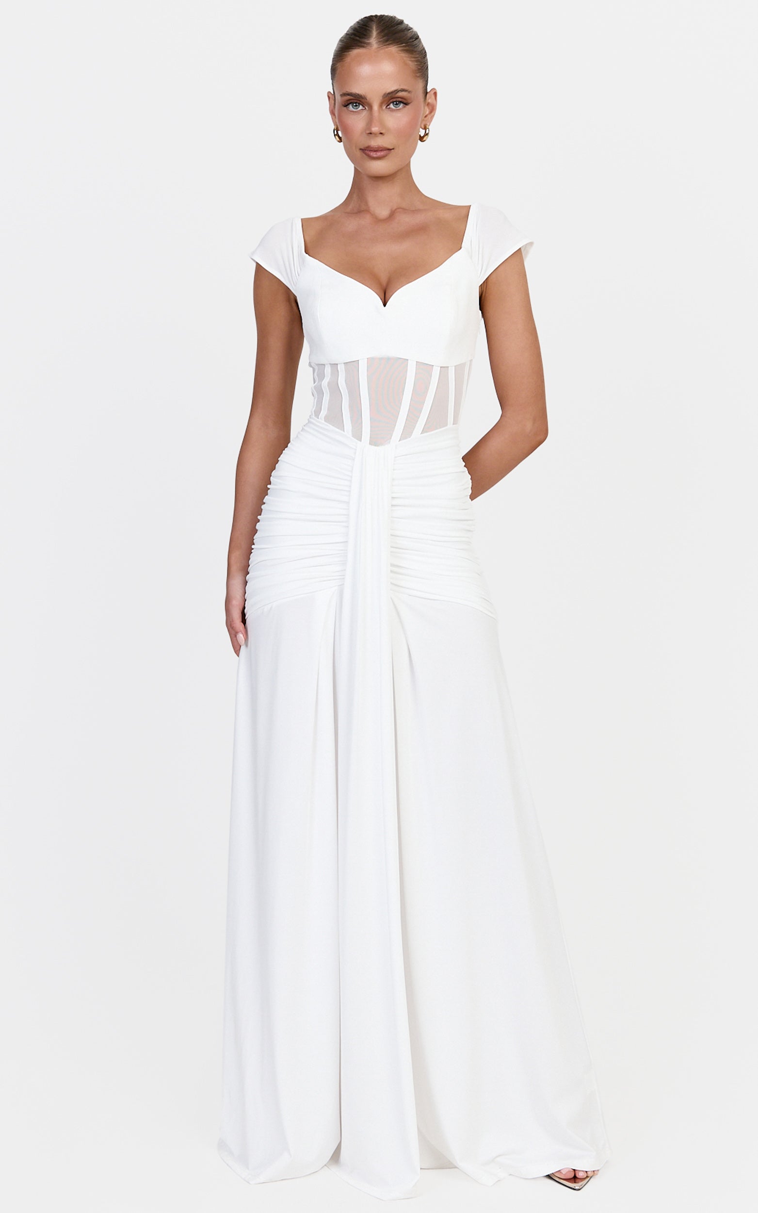 Luciana Maxi Dress - Sheer Corset Bodice Dress With Cap Sleeves And Hip Drape Details in White - View 4