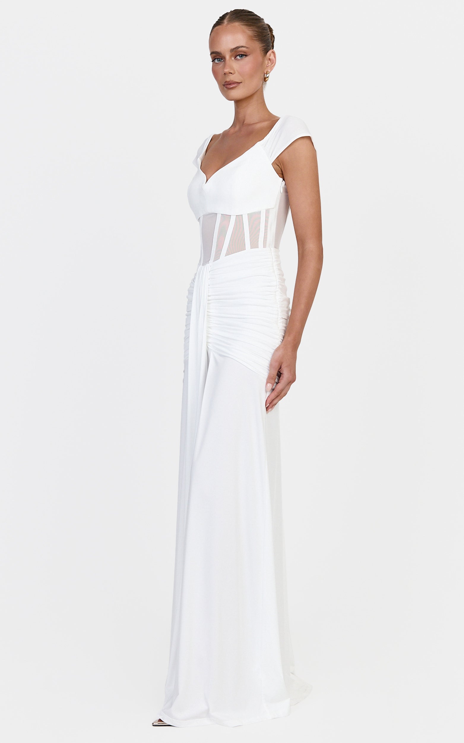Luciana Maxi Dress - Sheer Corset Bodice Dress With Cap Sleeves And Hip Drape Details in White - View 2