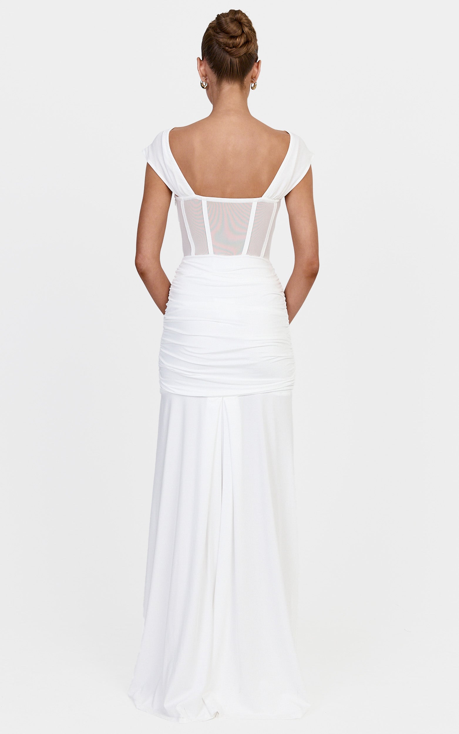 Luciana Maxi Dress - Sheer Corset Bodice Dress With Cap Sleeves And Hip Drape Details in White - View 5