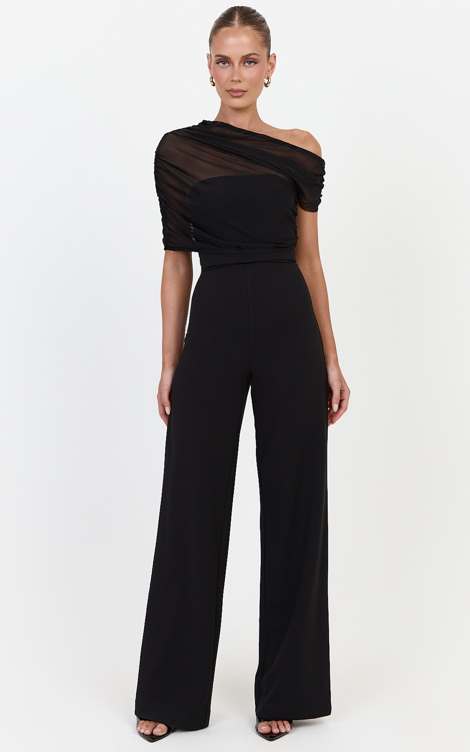 Eira Jumpsuit - Strapless Straight Leg Jumpsuit With Sheer Mesh Cape Overlay in Black - View 4