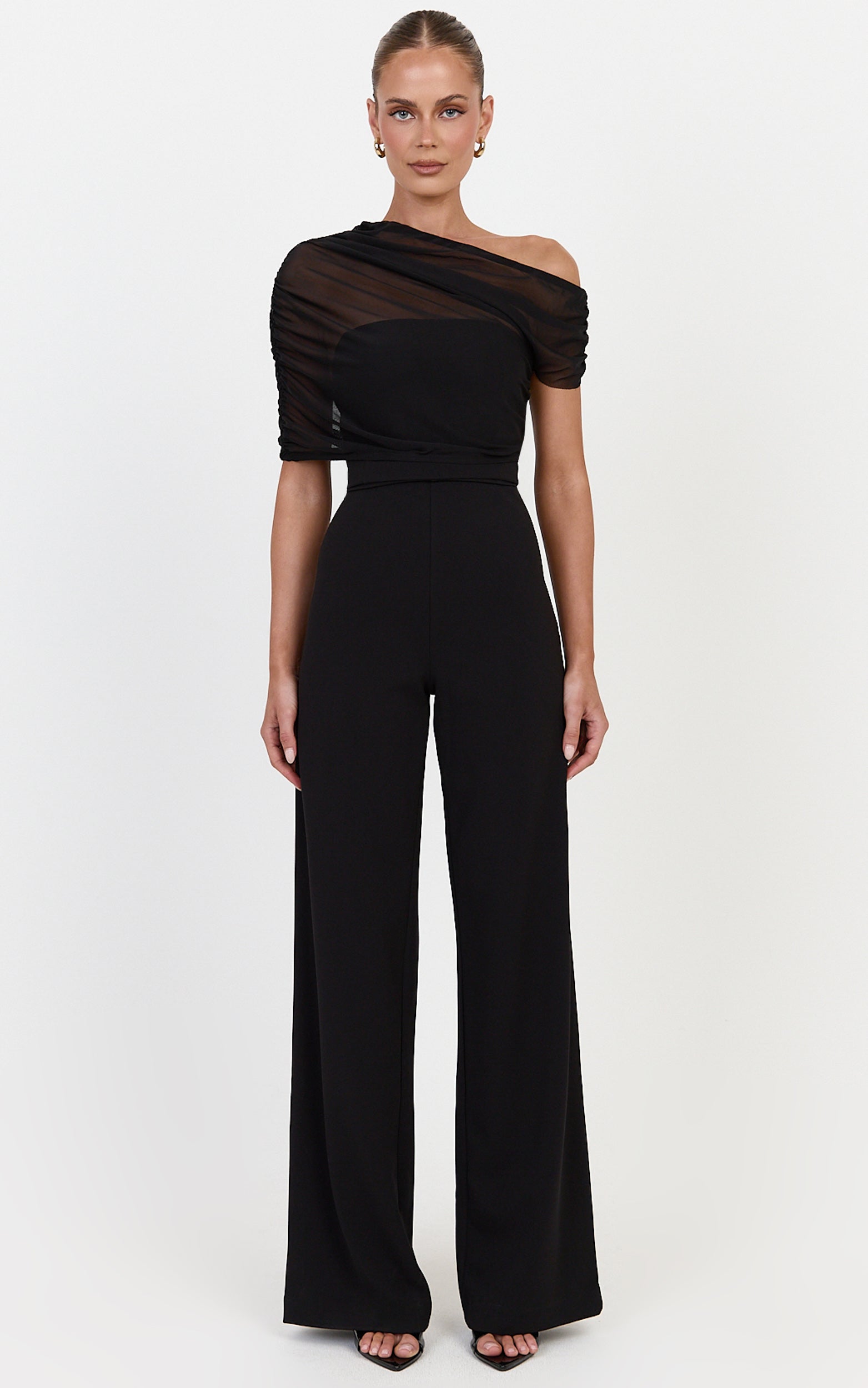 Eira Jumpsuit - Strapless Straight Leg Jumpsuit With Sheer Mesh Cape Overlay in Black - View 3