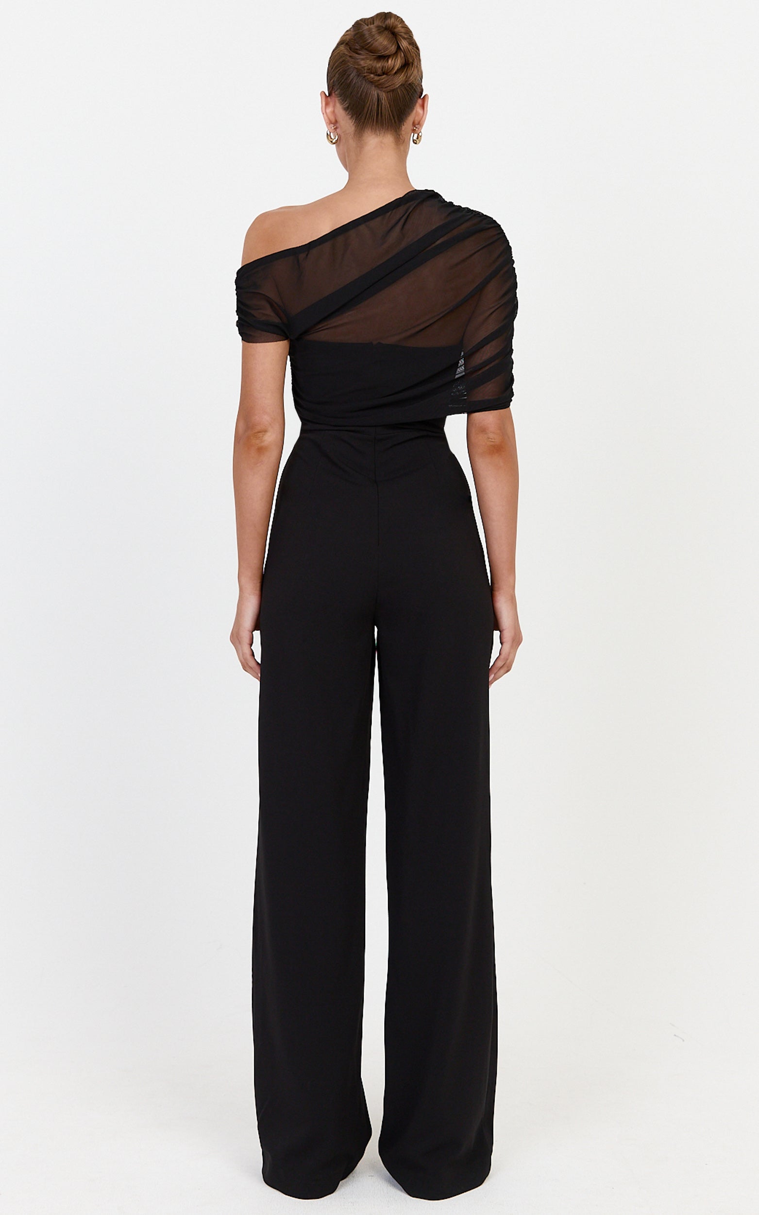 Eira Jumpsuit - Strapless Straight Leg Jumpsuit With Sheer Mesh Cape Overlay in Black - View 5