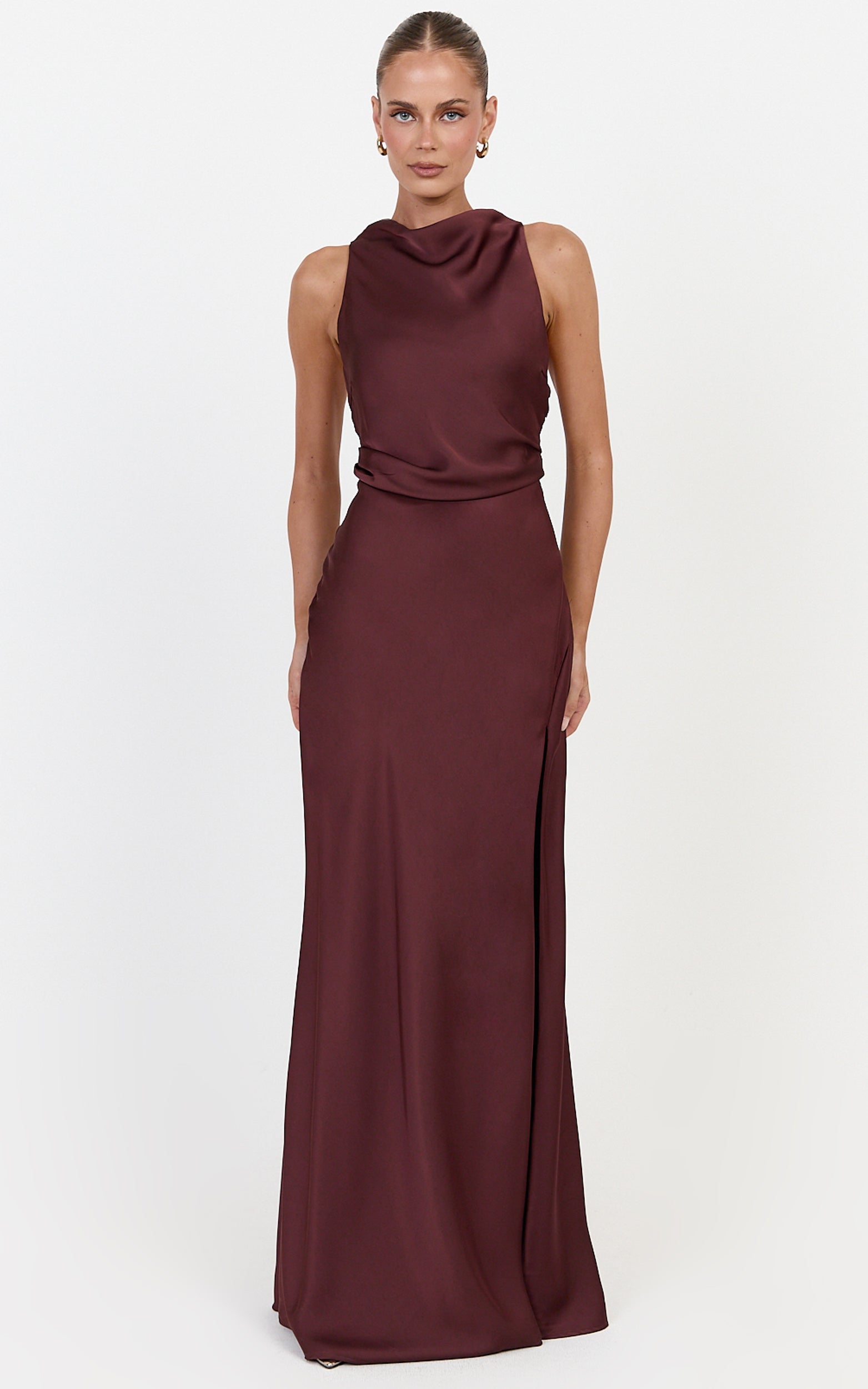 Lillian Maxi Dress - Racerback Cowl Neck Draped Satin Dress in Plum - View 4