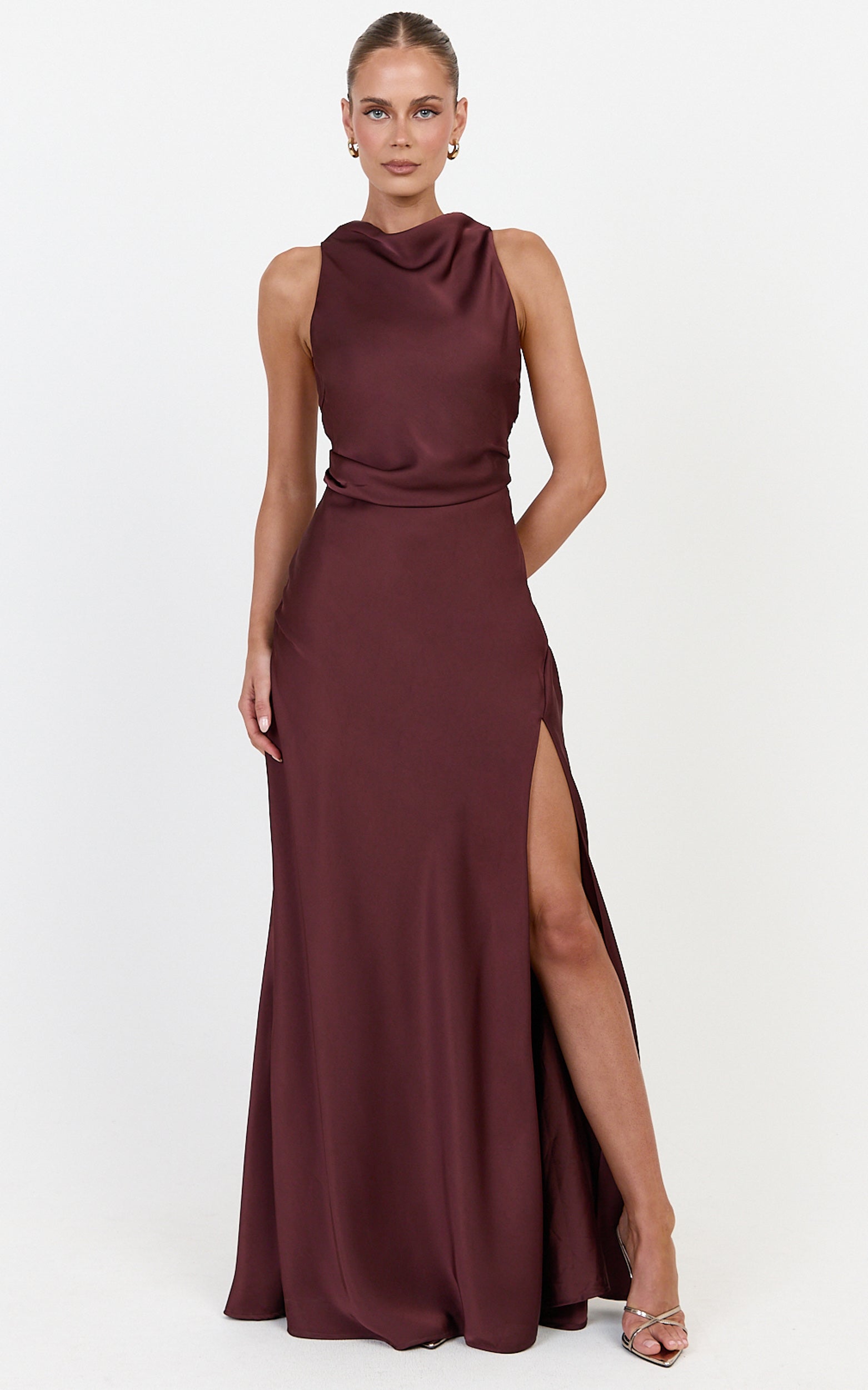 Lillian Maxi Dress - Racerback Cowl Neck Draped Satin Dress in Plum - View 3