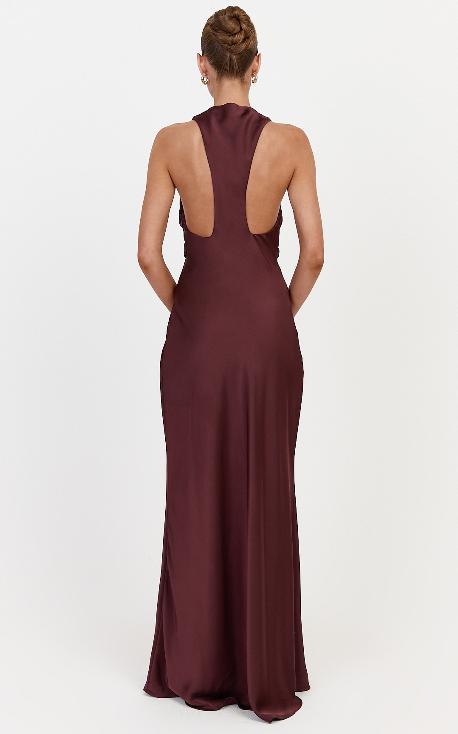 Lillian Maxi Dress - Racerback Cowl Neck Draped Satin Dress in Plum - View 6