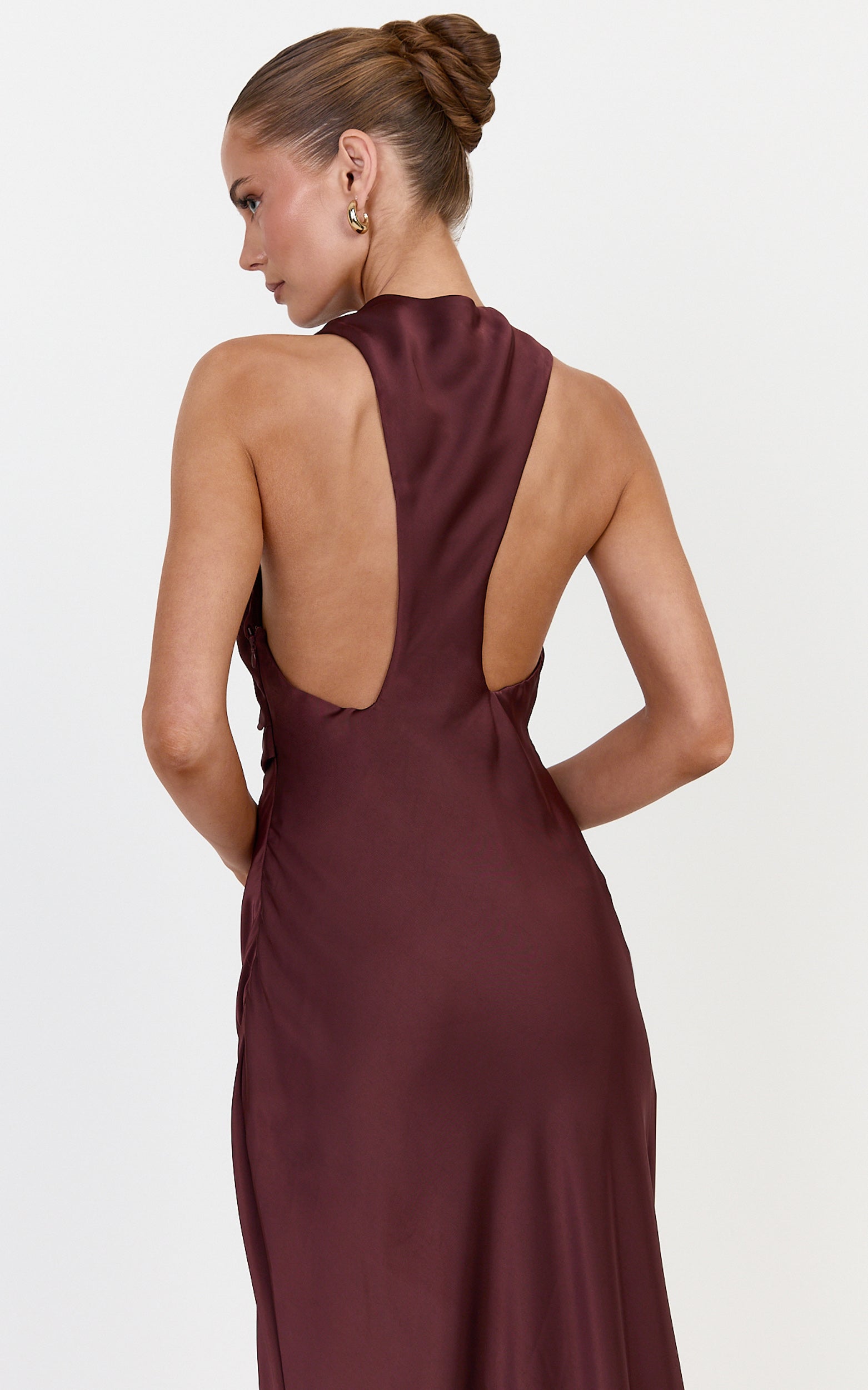 Lillian Maxi Dress - Racerback Cowl Neck Draped Satin Dress in Plum - View 2