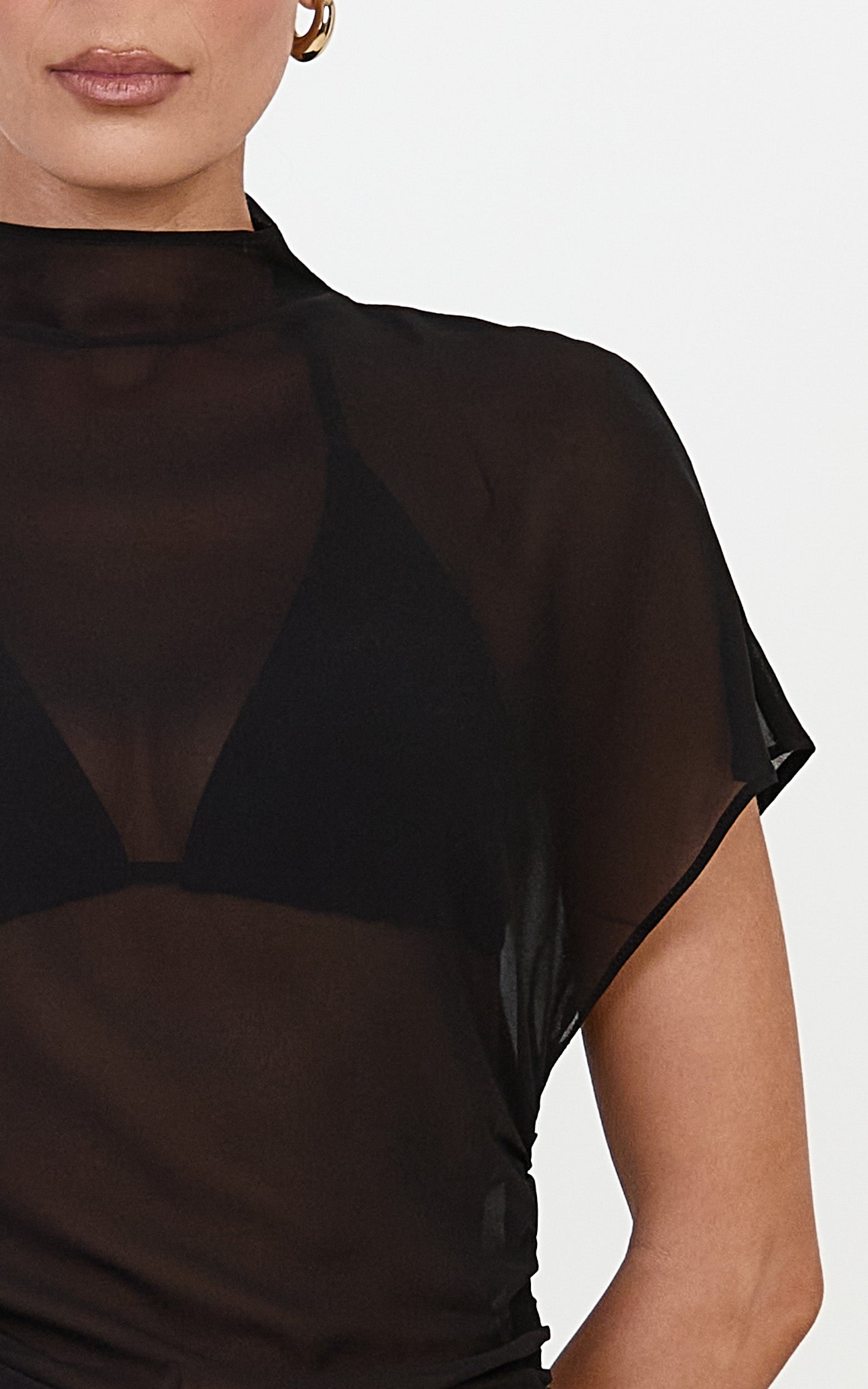 Oriel Top - Sheer Funnel Neck Short Sleeve Top With Waist Gathers in Black - View 6