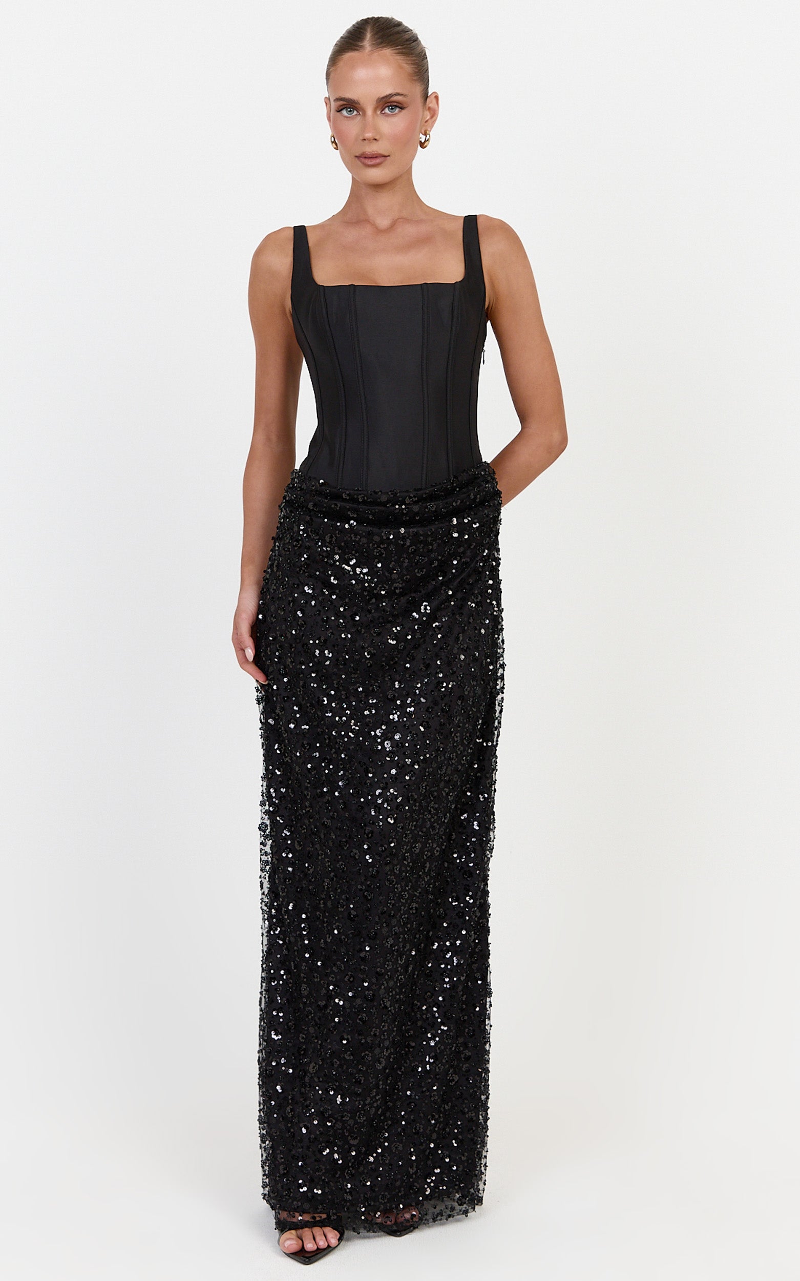 Ione Maxi Dress - Corset Bodice Dress With Contrast Sequin Skirt in Black - View 5