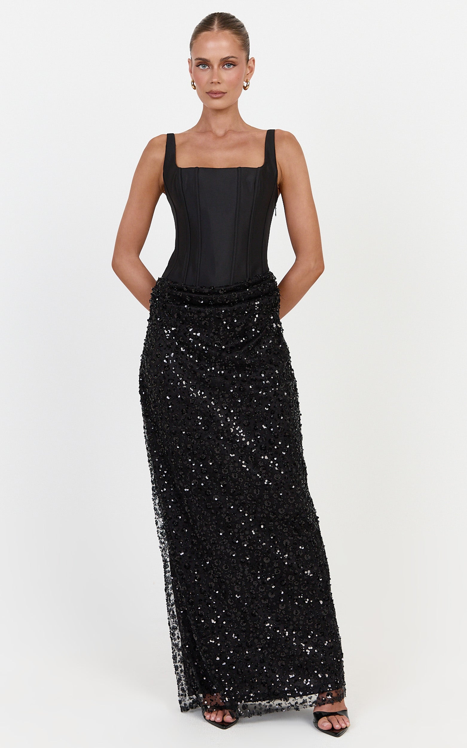 Ione Maxi Dress - Corset Bodice Dress With Contrast Sequin Skirt in Black - View 4