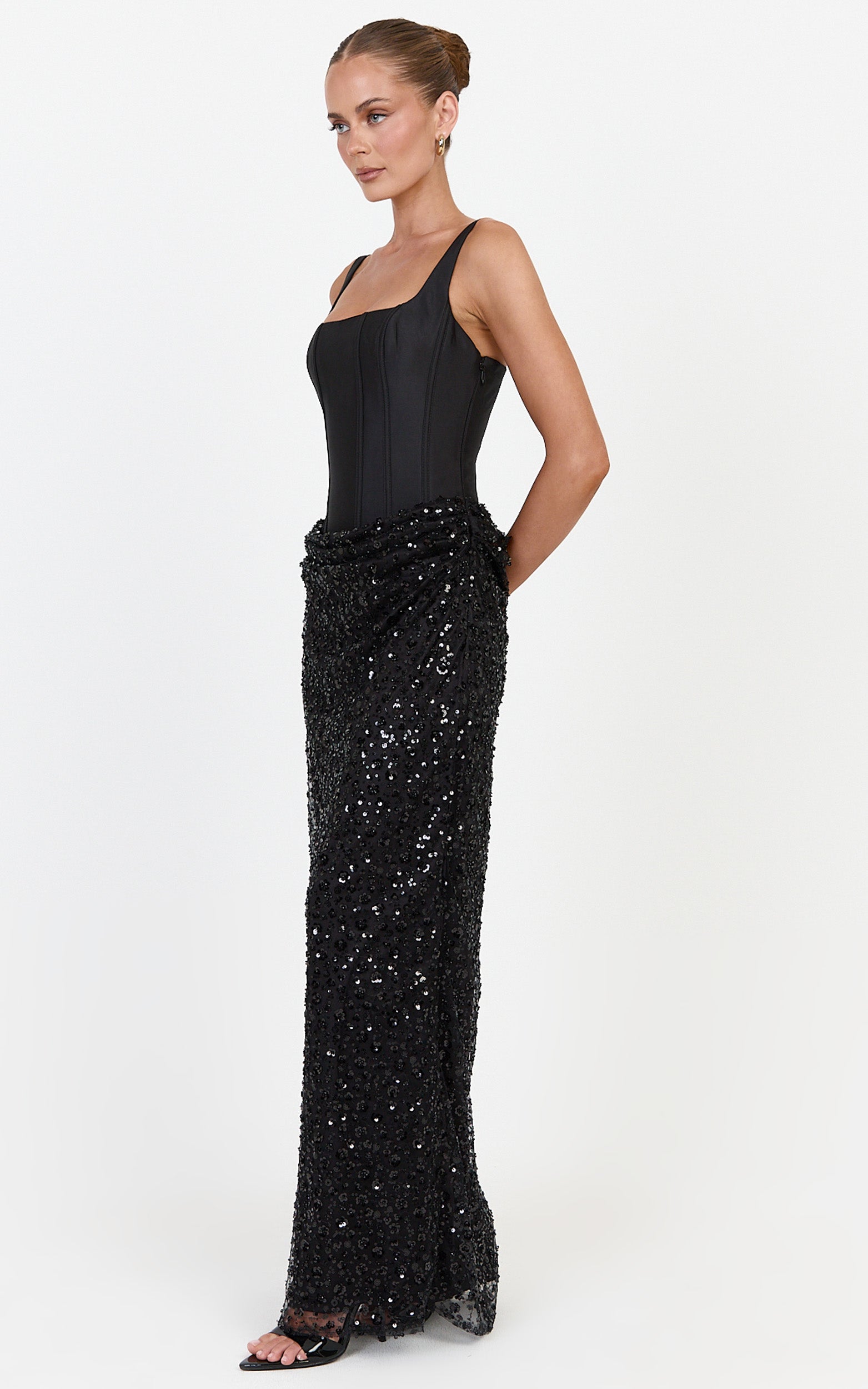 Ione Maxi Dress - Corset Bodice Dress With Contrast Sequin Skirt in Black - View 3