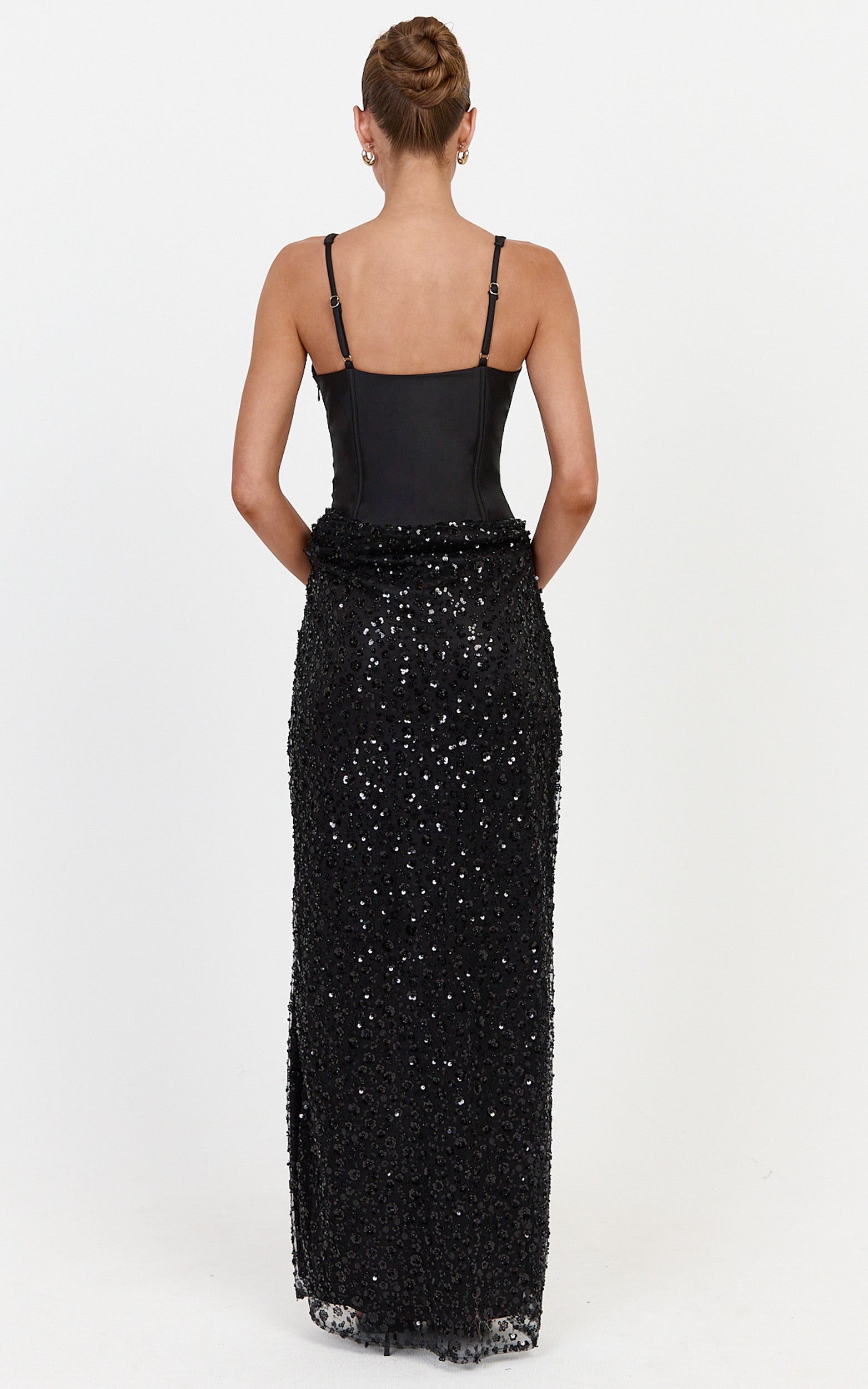 Ione Maxi Dress - Corset Bodice Dress With Contrast Sequin Skirt in Black - View 6