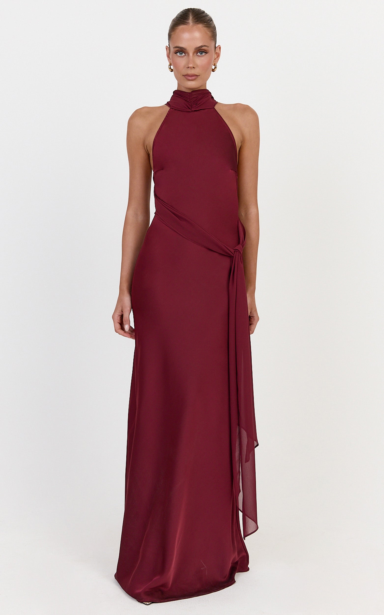 Kess Maxi Dress - Low Back High Neck Crossover Hip Sash Dress in Wine - View 4