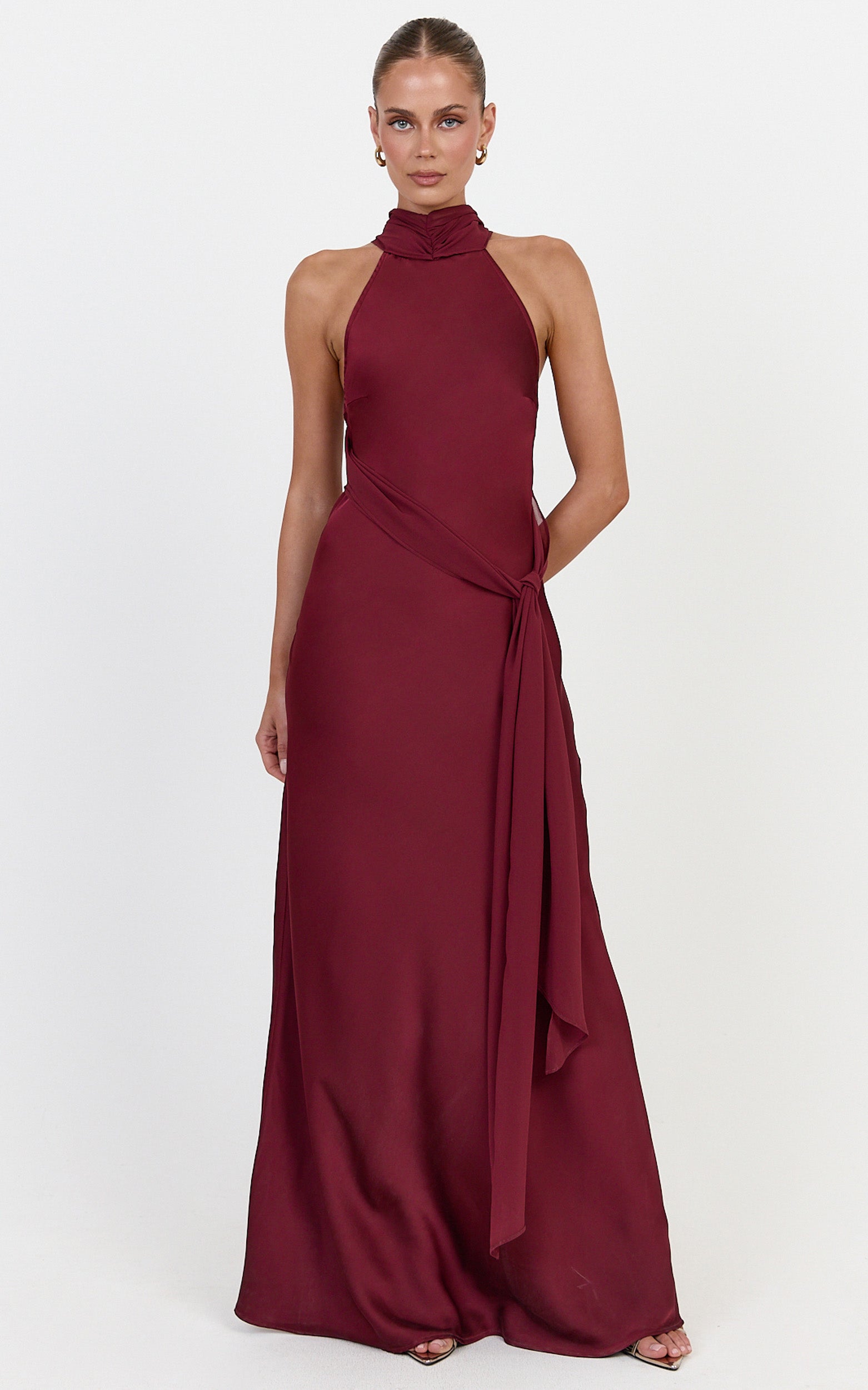 Kess Maxi Dress - Low Back High Neck Crossover Hip Sash Dress in Wine - View 3