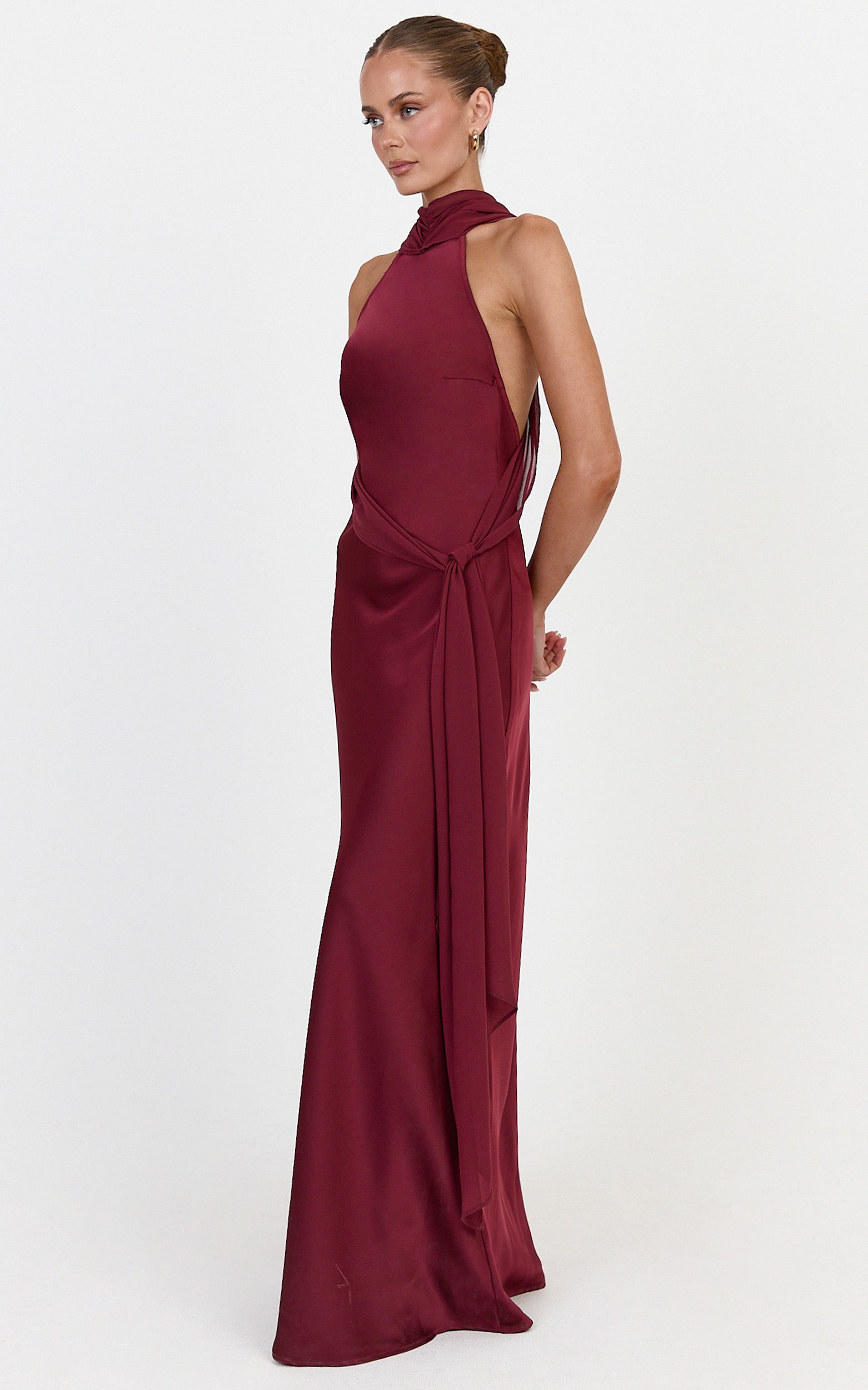 Kess Maxi Dress - Low Back High Neck Crossover Hip Sash Dress in Wine - View 5