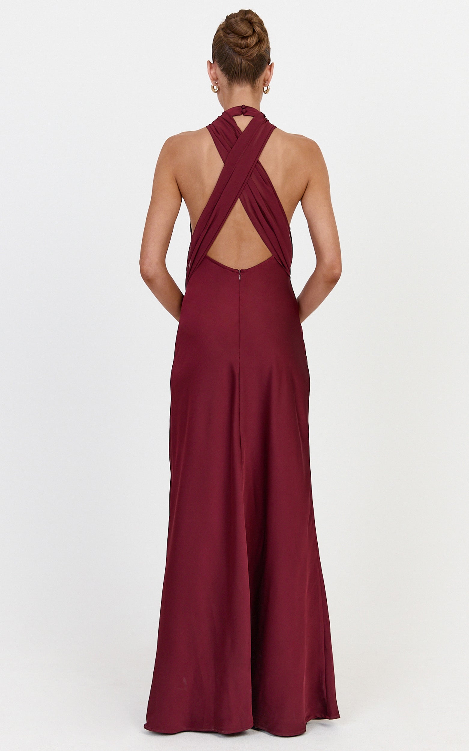 Kess Maxi Dress - Low Back High Neck Crossover Hip Sash Dress in Wine - View 2