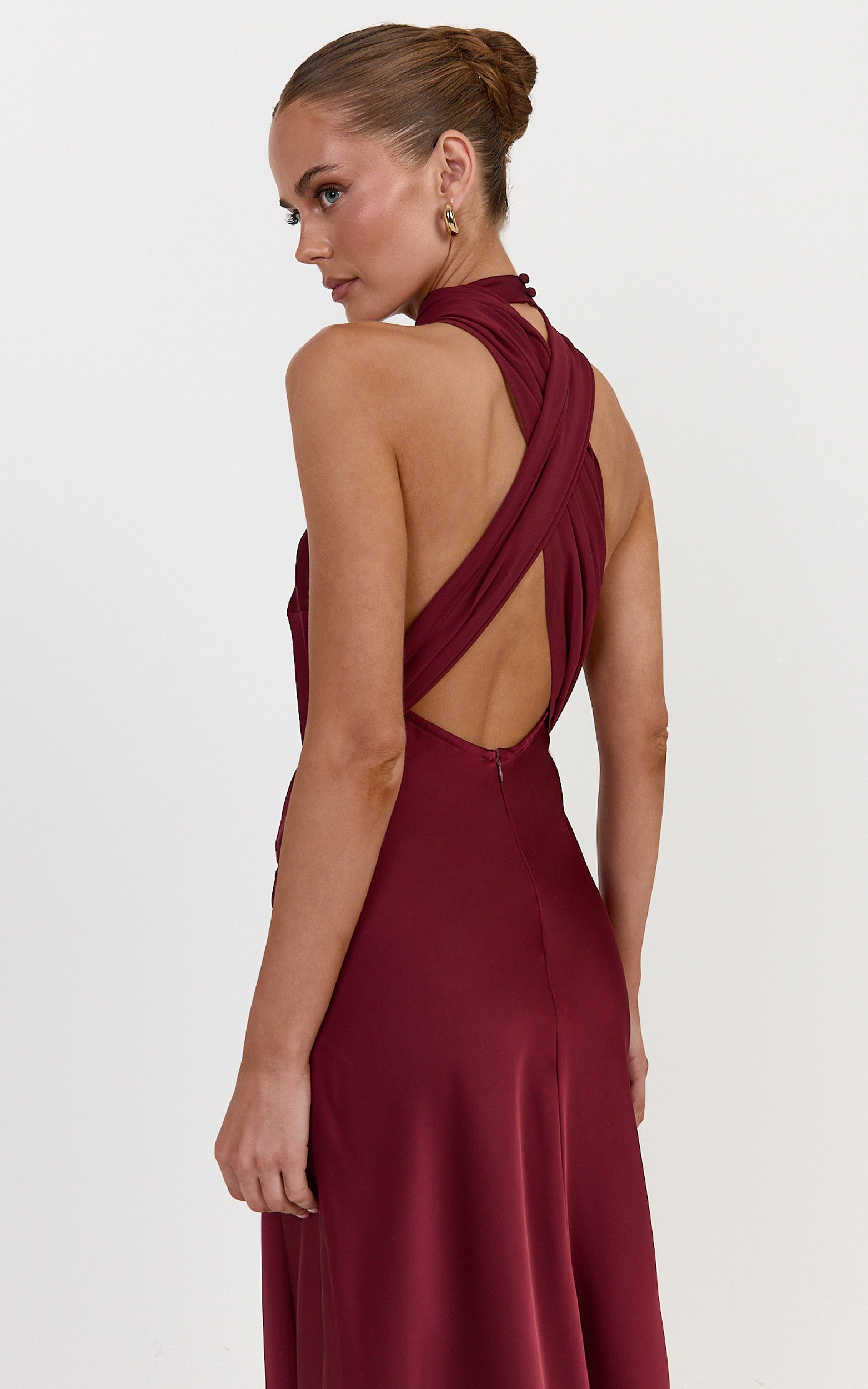 Kess Maxi Dress - Low Back High Neck Crossover Hip Sash Dress in Wine - View 6