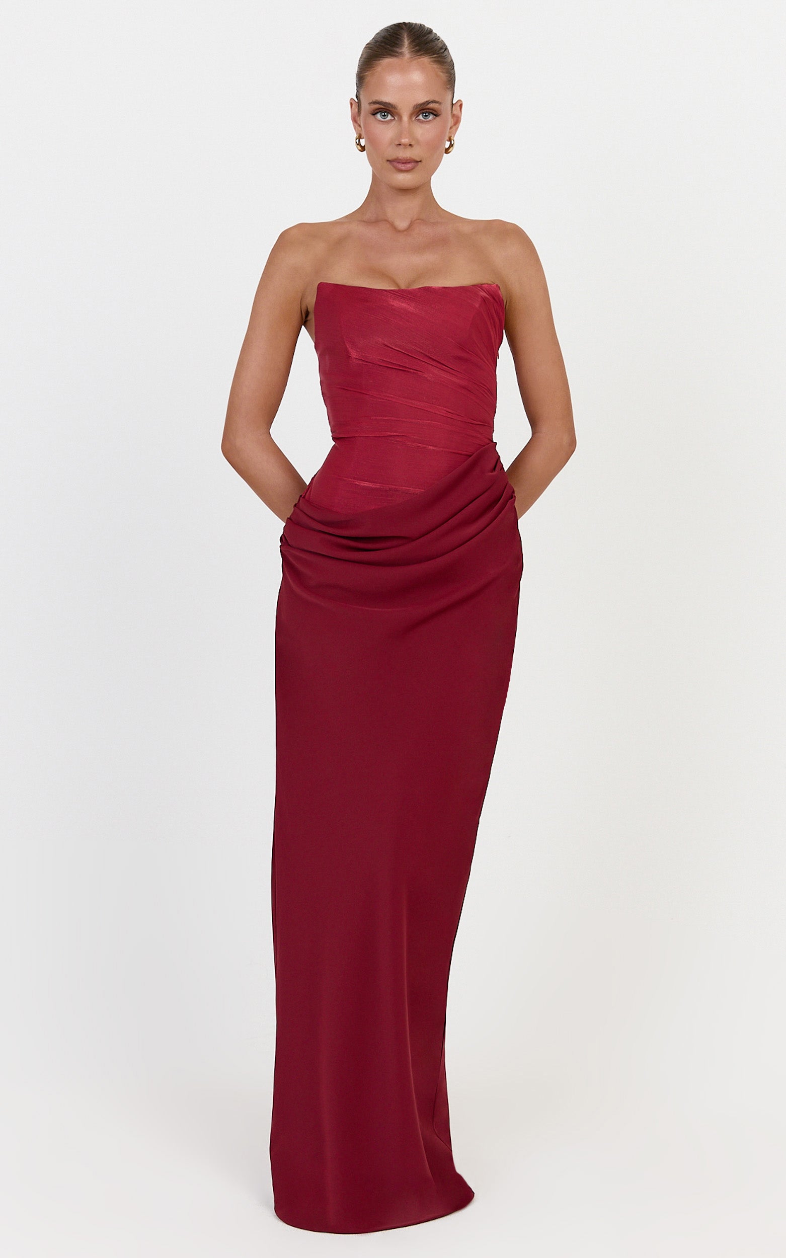 Zella Maxi Dress - Contrast Corset Bodice Draped Dress in Wine - View 5