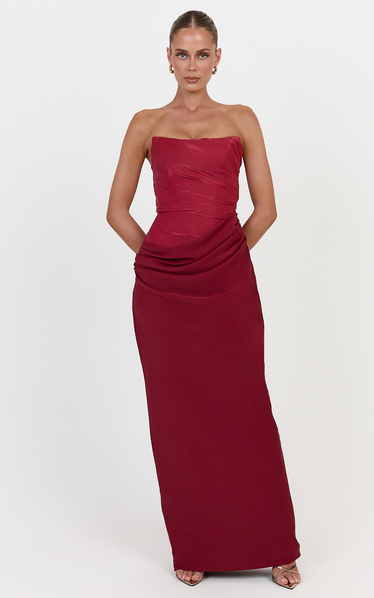 Zella Maxi Dress - Contrast Corset Bodice Draped Dress in Wine - View 6