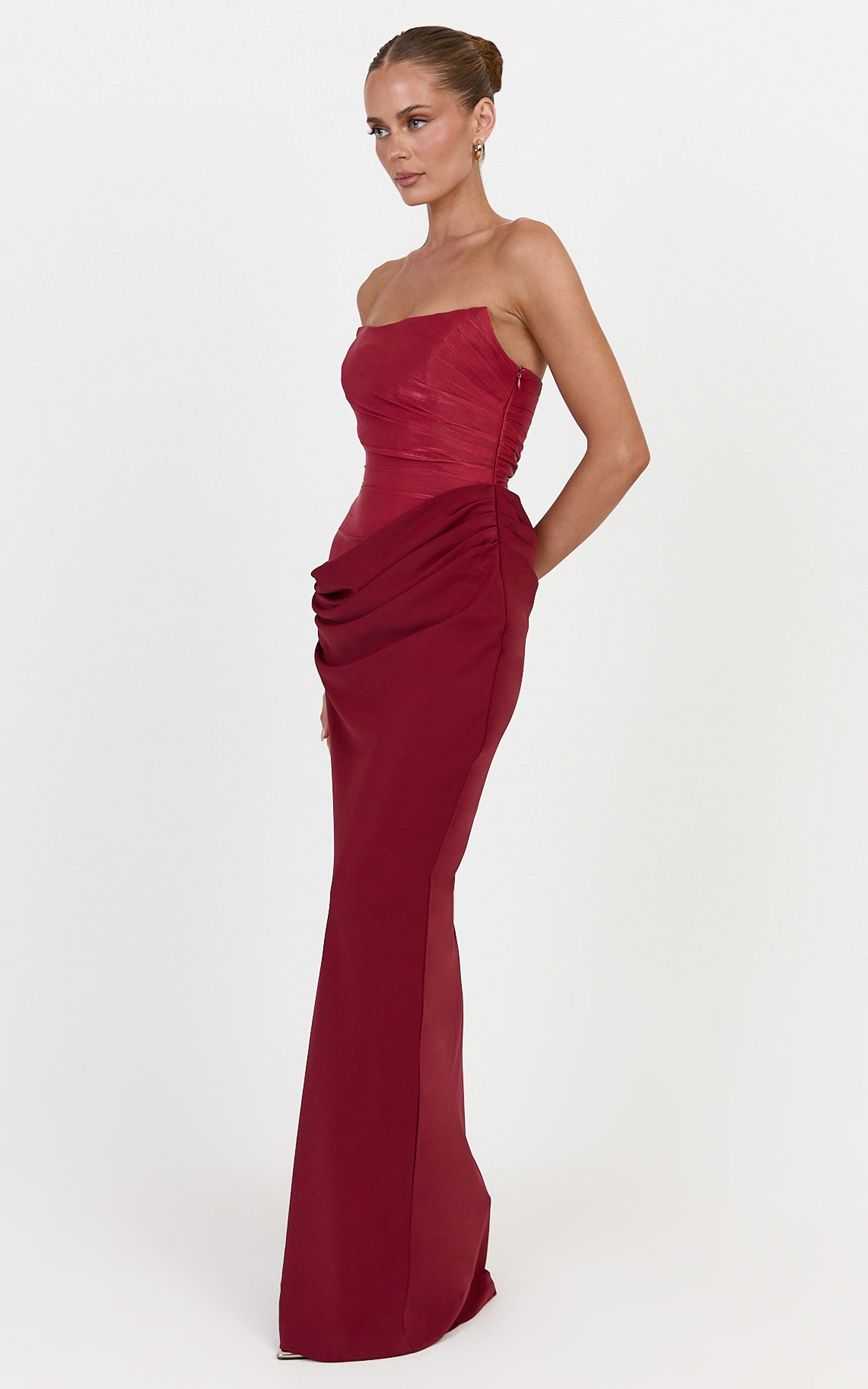 Zella Maxi Dress - Contrast Corset Bodice Draped Dress in Wine - View 4