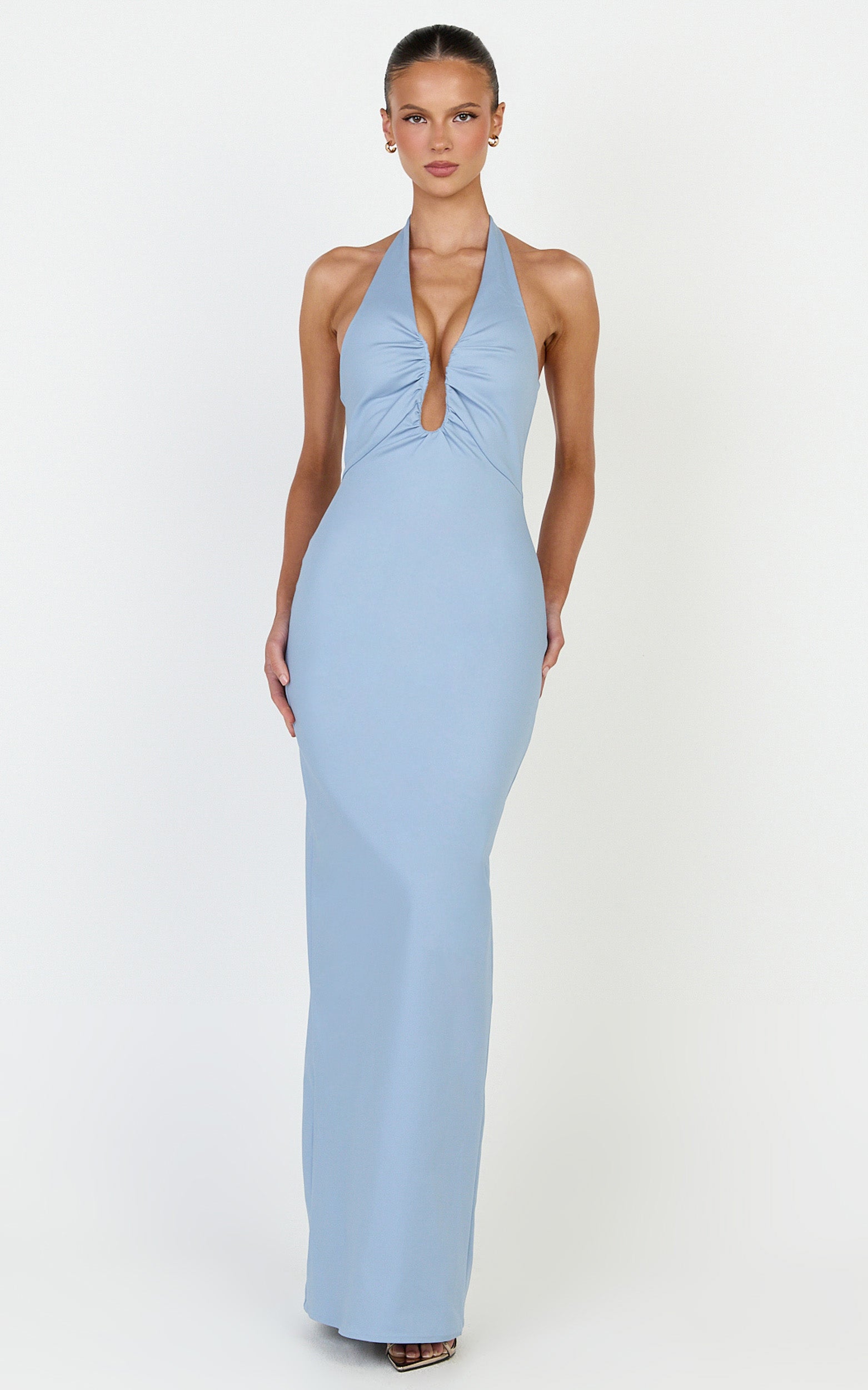 Baya Maxi Dress - Gathered Plunge Neckline Halter Dress in Pale Blue - View 3