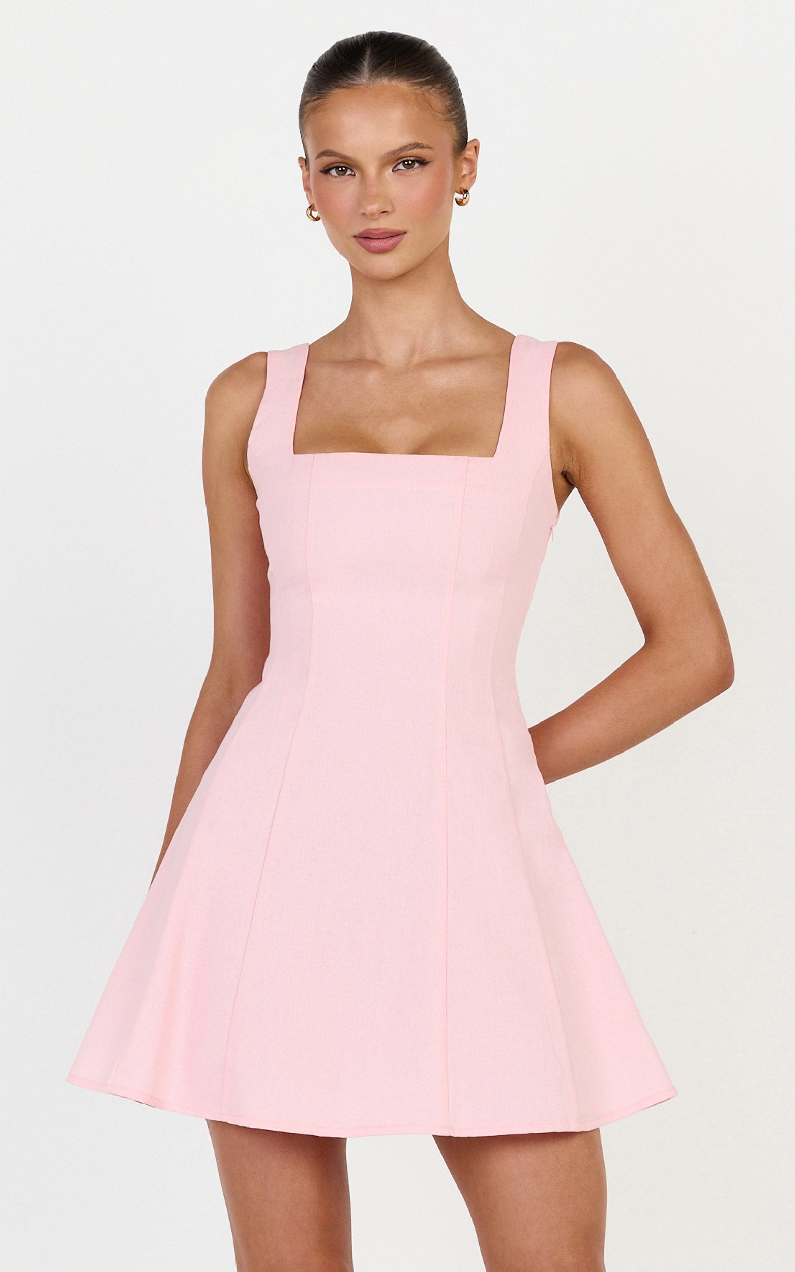 Adiana Mini Dress - Linen Square Neck Shirred Back A Line Dress in Pink - View 3