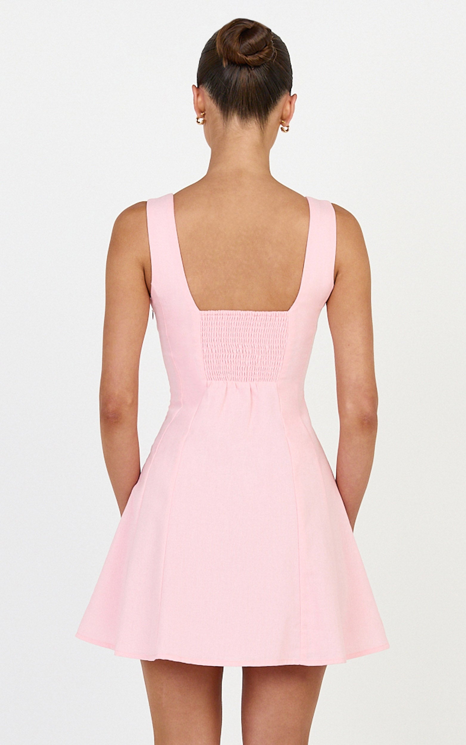 Adiana Mini Dress - Linen Square Neck Shirred Back A Line Dress in Pink - View 5