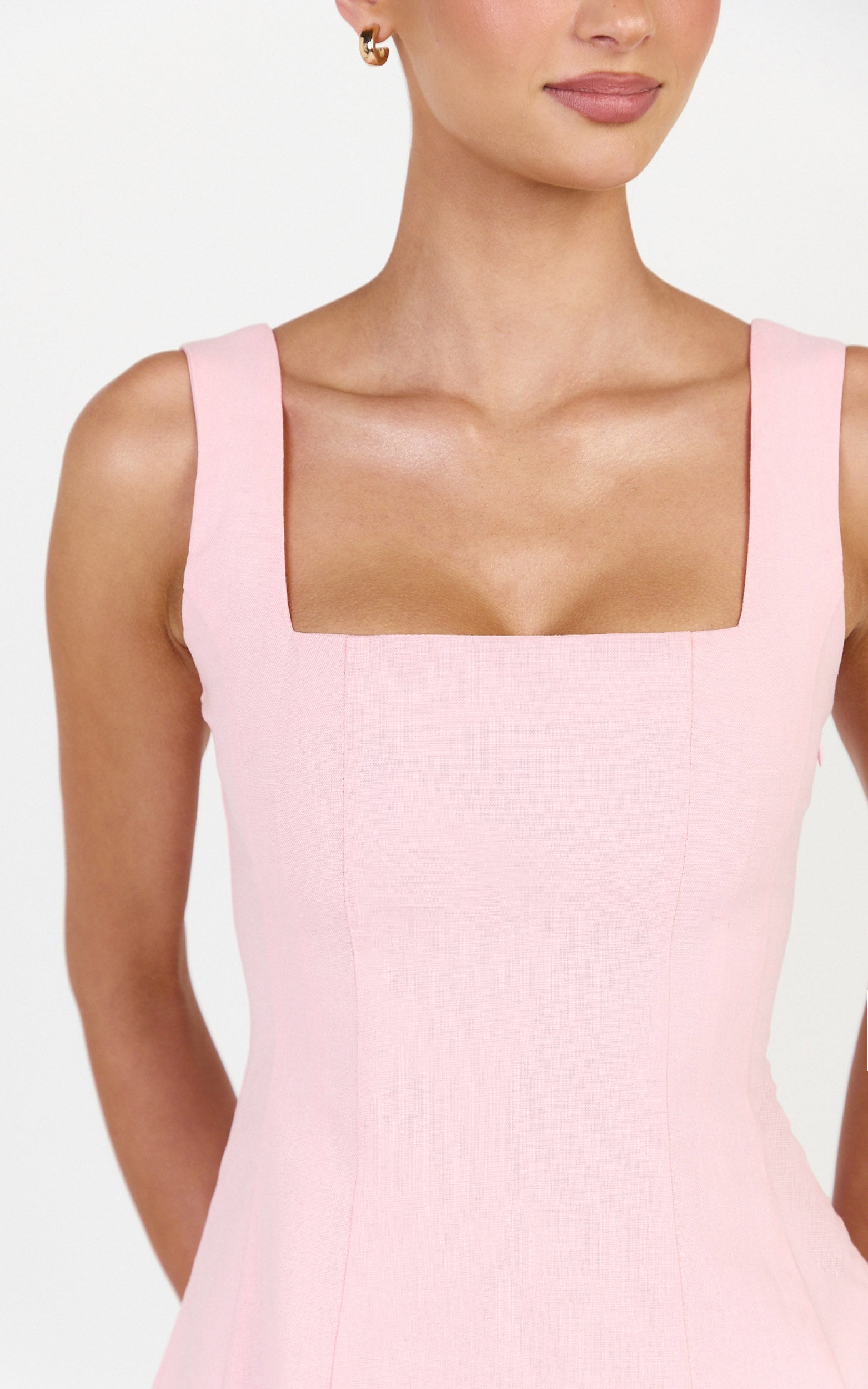 Adiana Mini Dress - Linen Square Neck Shirred Back A Line Dress in Pink - View 6