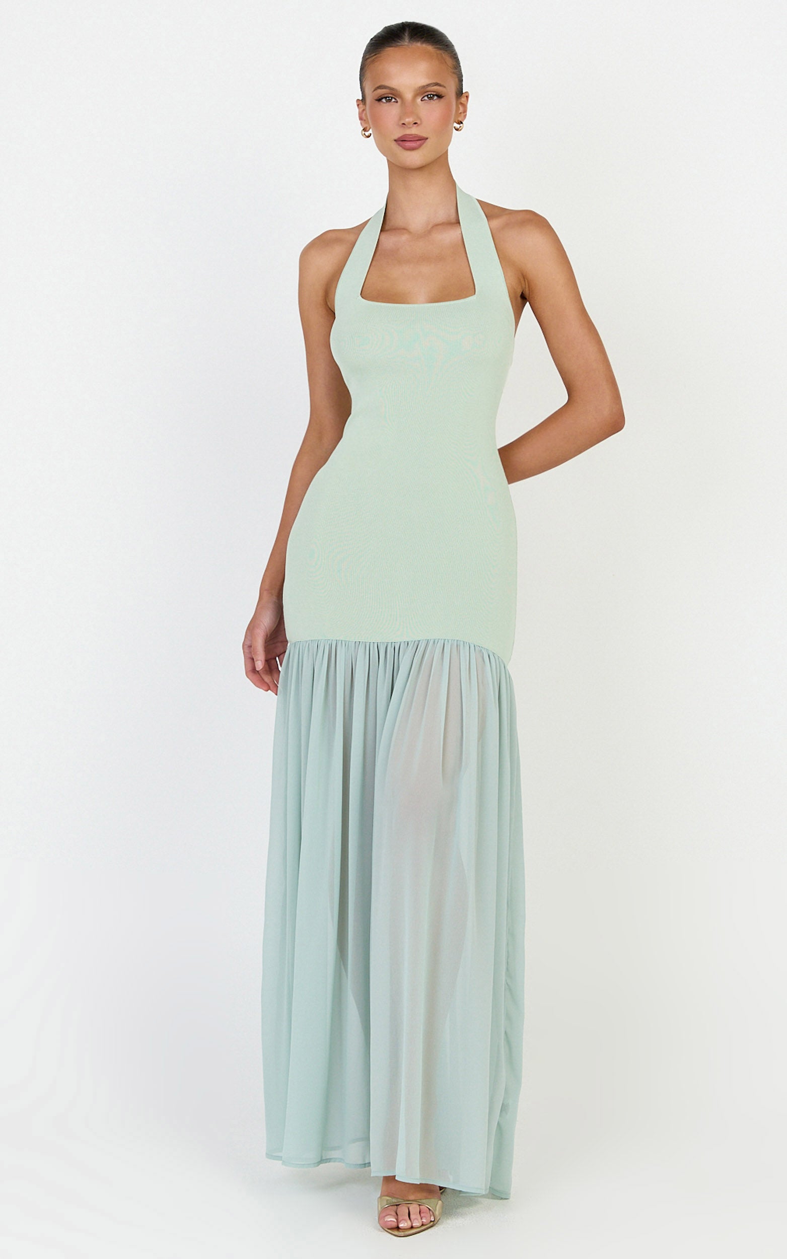 Barbara Maxi Dress - Halter Scoop Neck Contrast Georgette Dress in Sage - View 4
