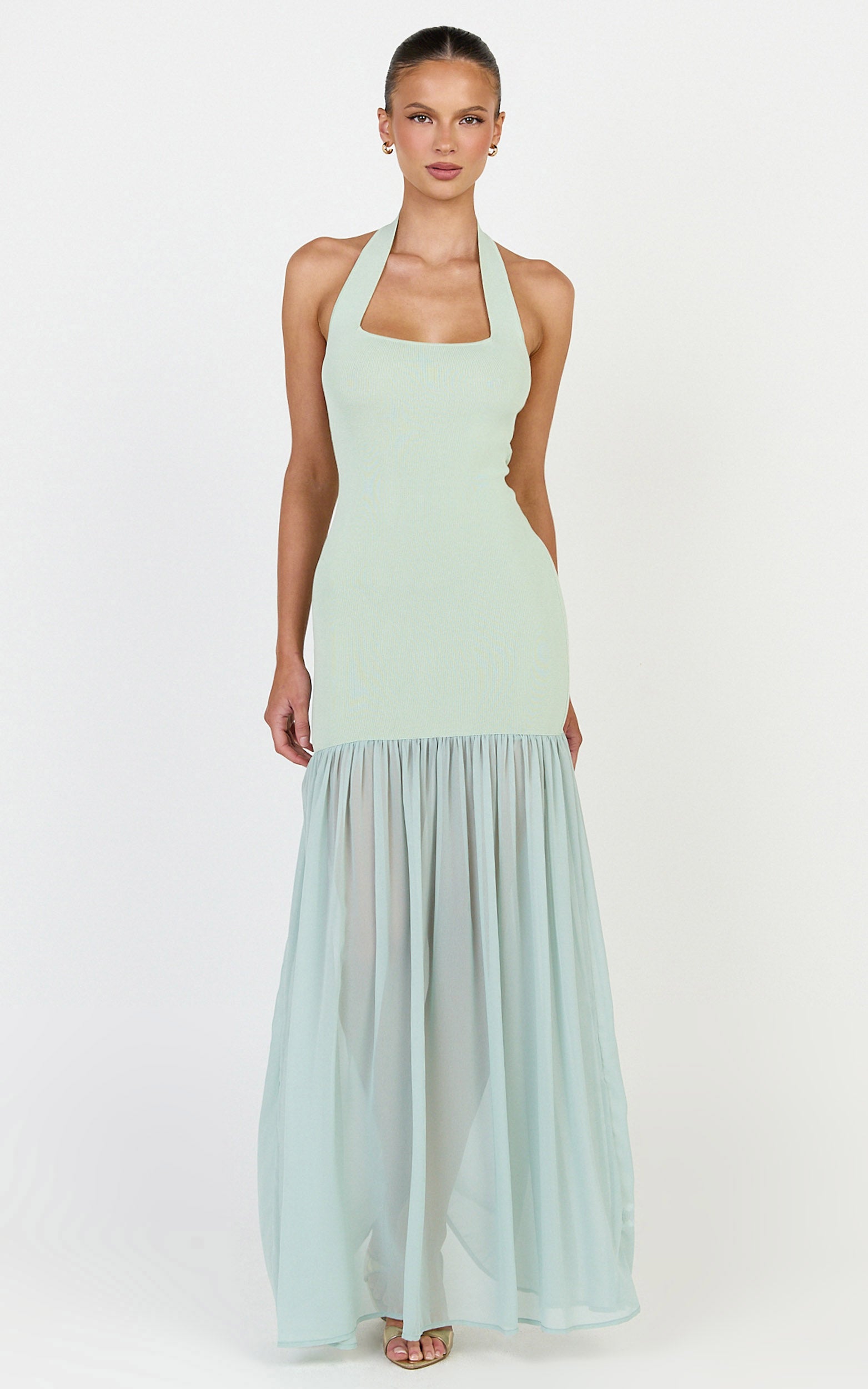 Barbara Maxi Dress - Halter Scoop Neck Contrast Georgette Dress in Sage - View 3