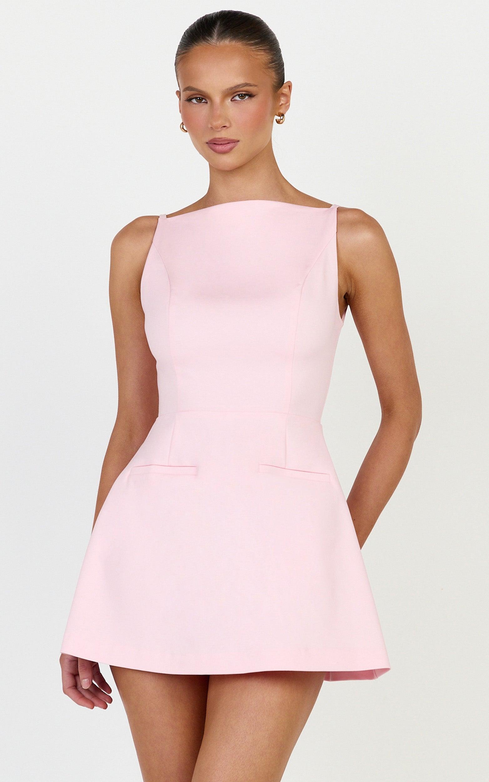 Eloise Playsuit - Straight Neck Fit And Flare Playsuit in Pink - View 3