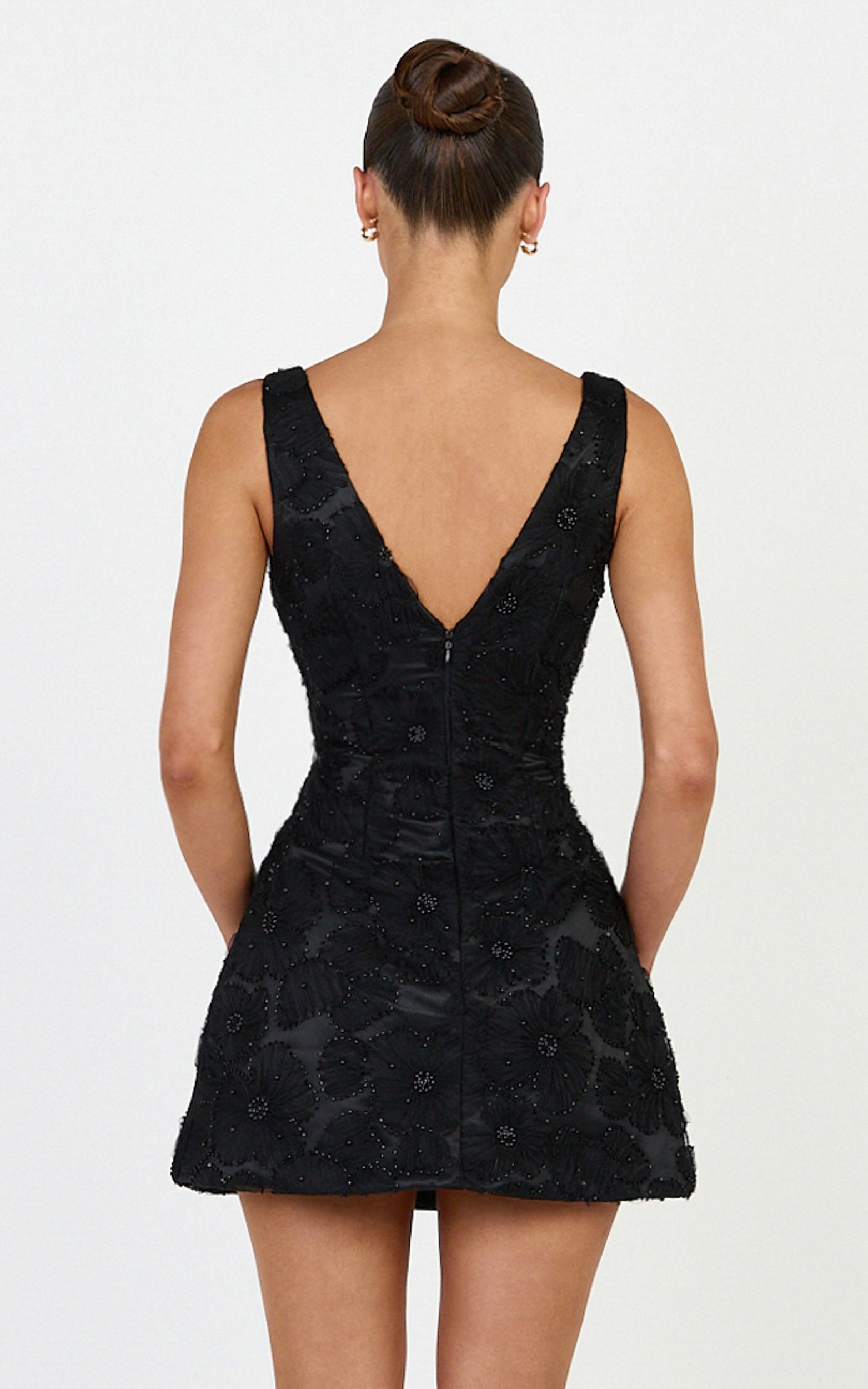 Lima Mini Dress - Plunge Neck Floral Embellished A Line Dress in Black - View 5