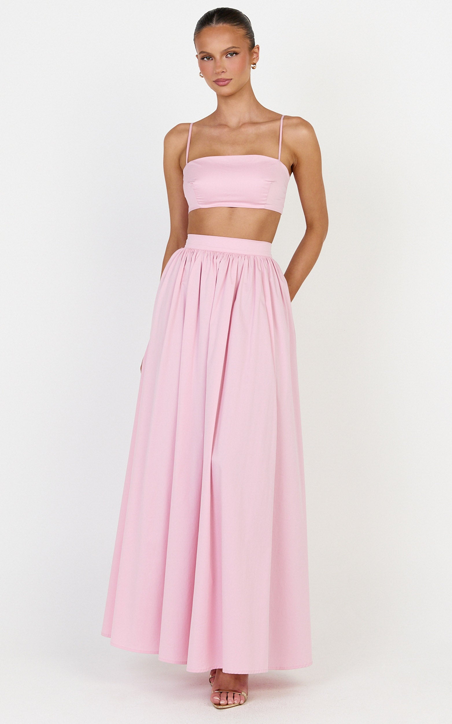 Tegan Two Piece Set - Straight Neck Micro Crop Top and A Line Maxi Skirt Set in Baby Pink - View 3