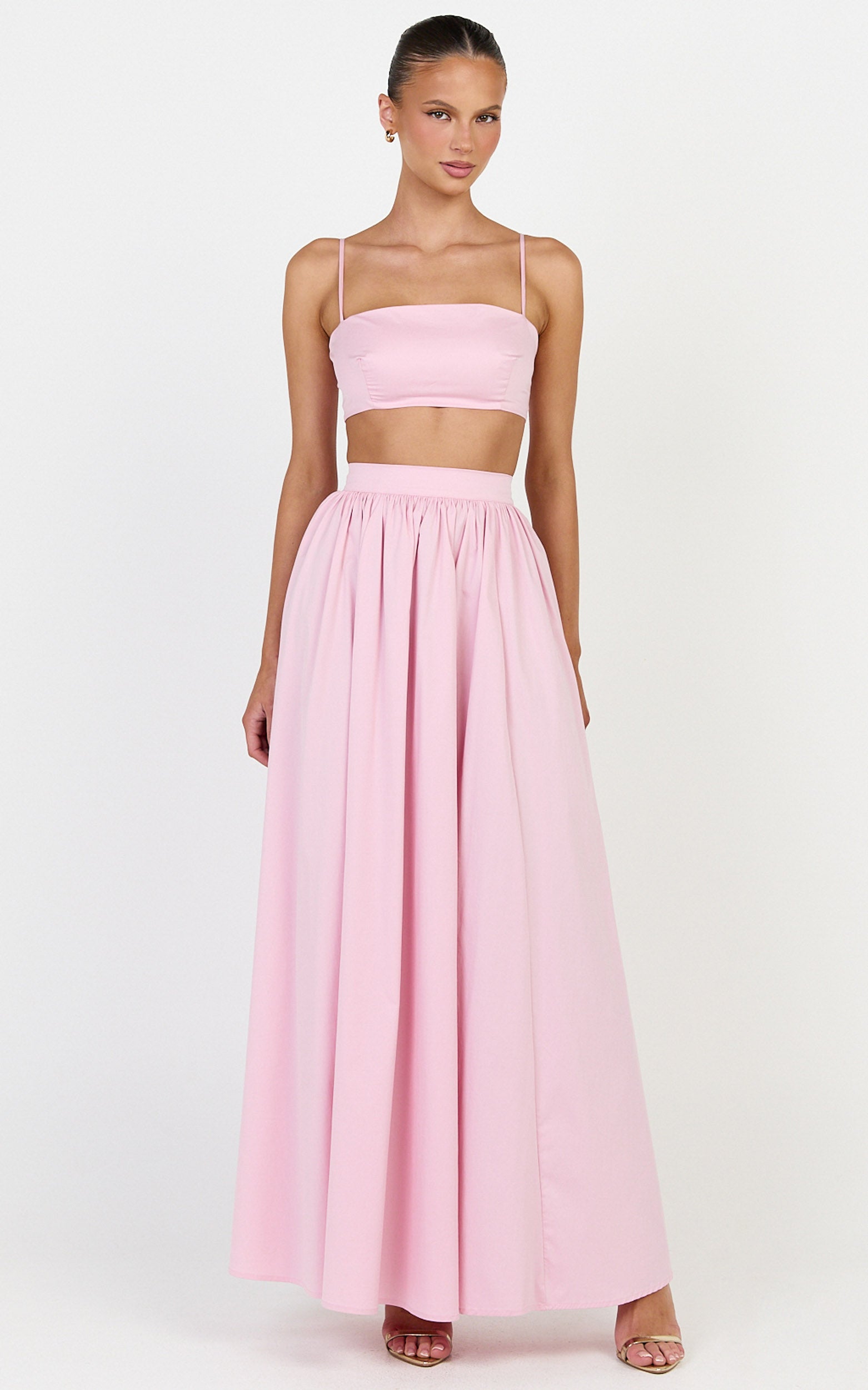 Tegan Two Piece Set - Straight Neck Micro Crop Top and A Line Maxi Skirt Set in Baby Pink - View 4