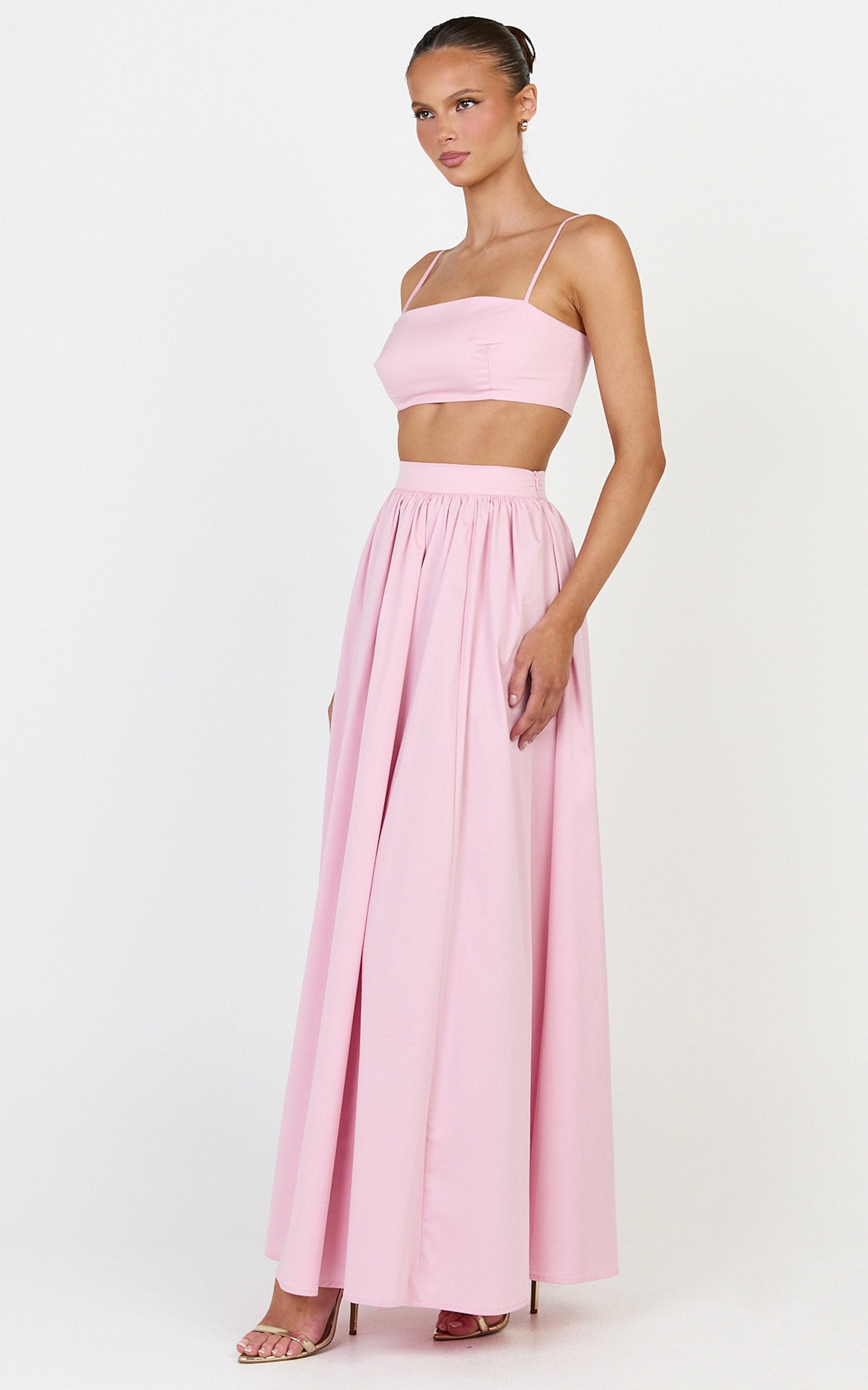 Tegan Two Piece Set - Straight Neck Micro Crop Top and A Line Maxi Skirt Set in Baby Pink - View 2
