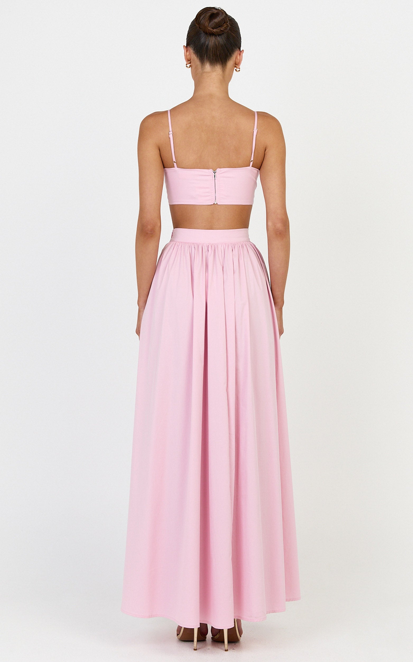 Tegan Two Piece Set - Straight Neck Micro Crop Top and A Line Maxi Skirt Set in Baby Pink - View 5