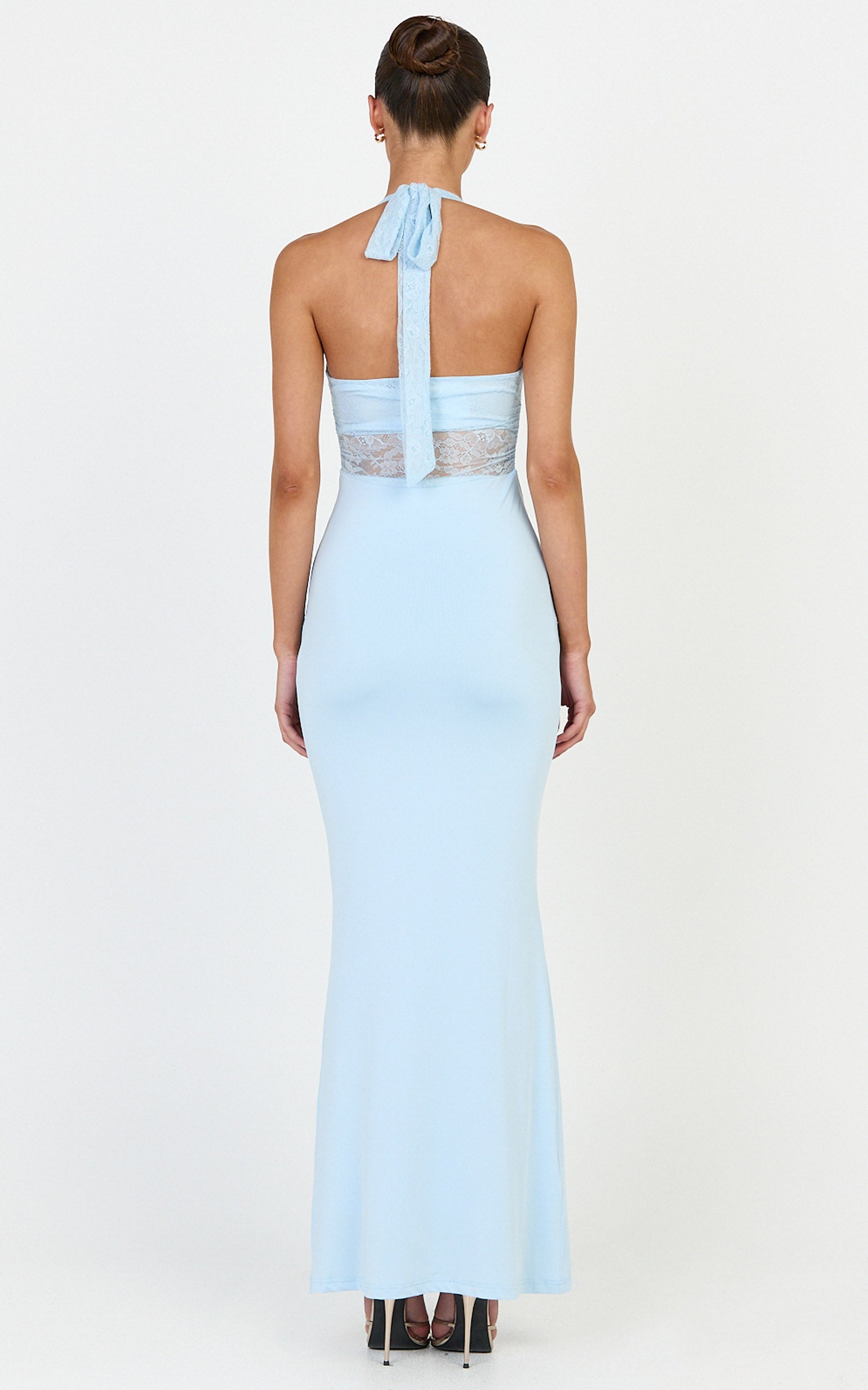 Sienne Maxi Dress - Lace Bodice Draped Cowl Waist Dress in Light Blue - View 8