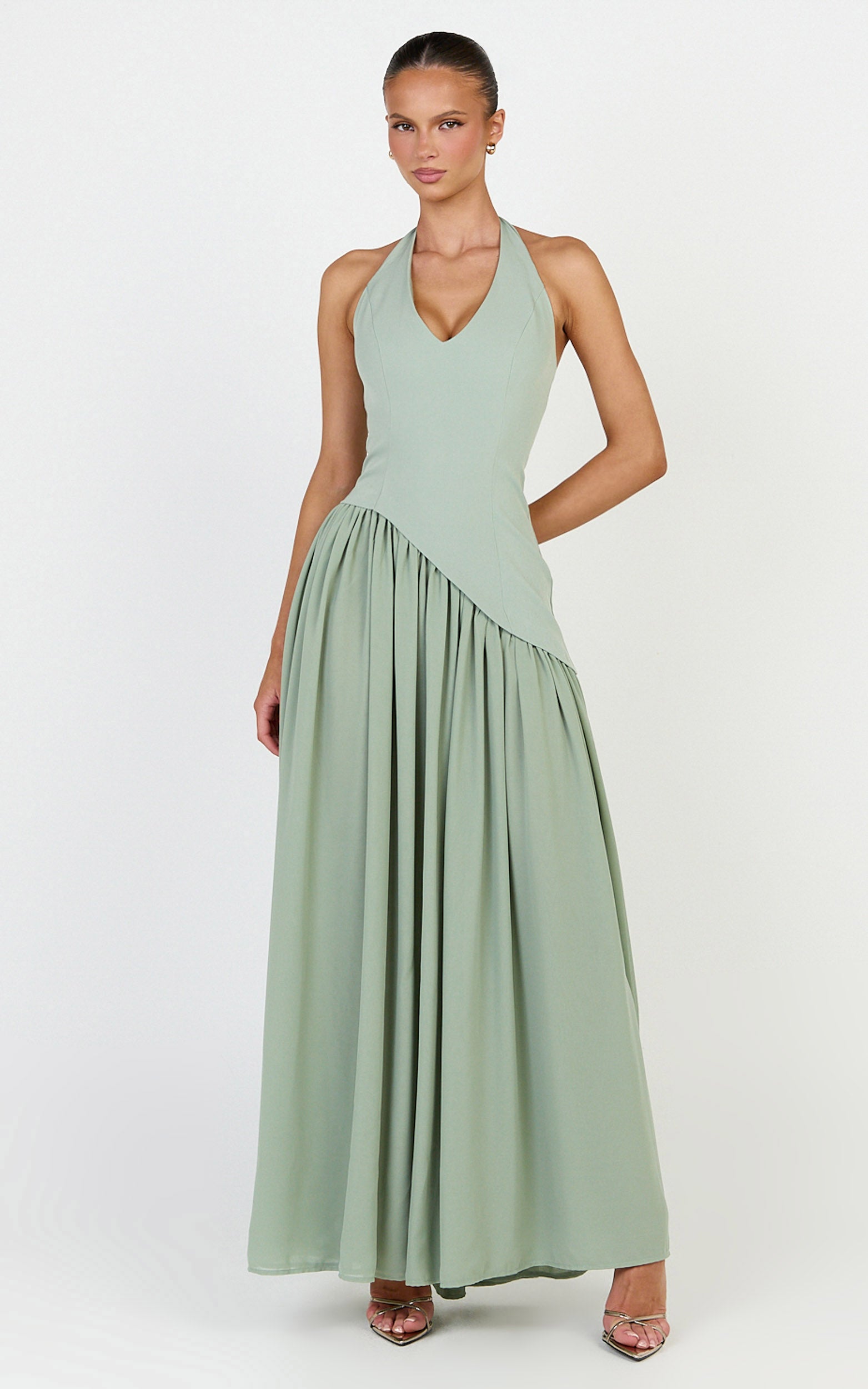 Calla Maxi Dress - Halter Neck Asymmetric Dropped Waist Dress in Sage - View 3